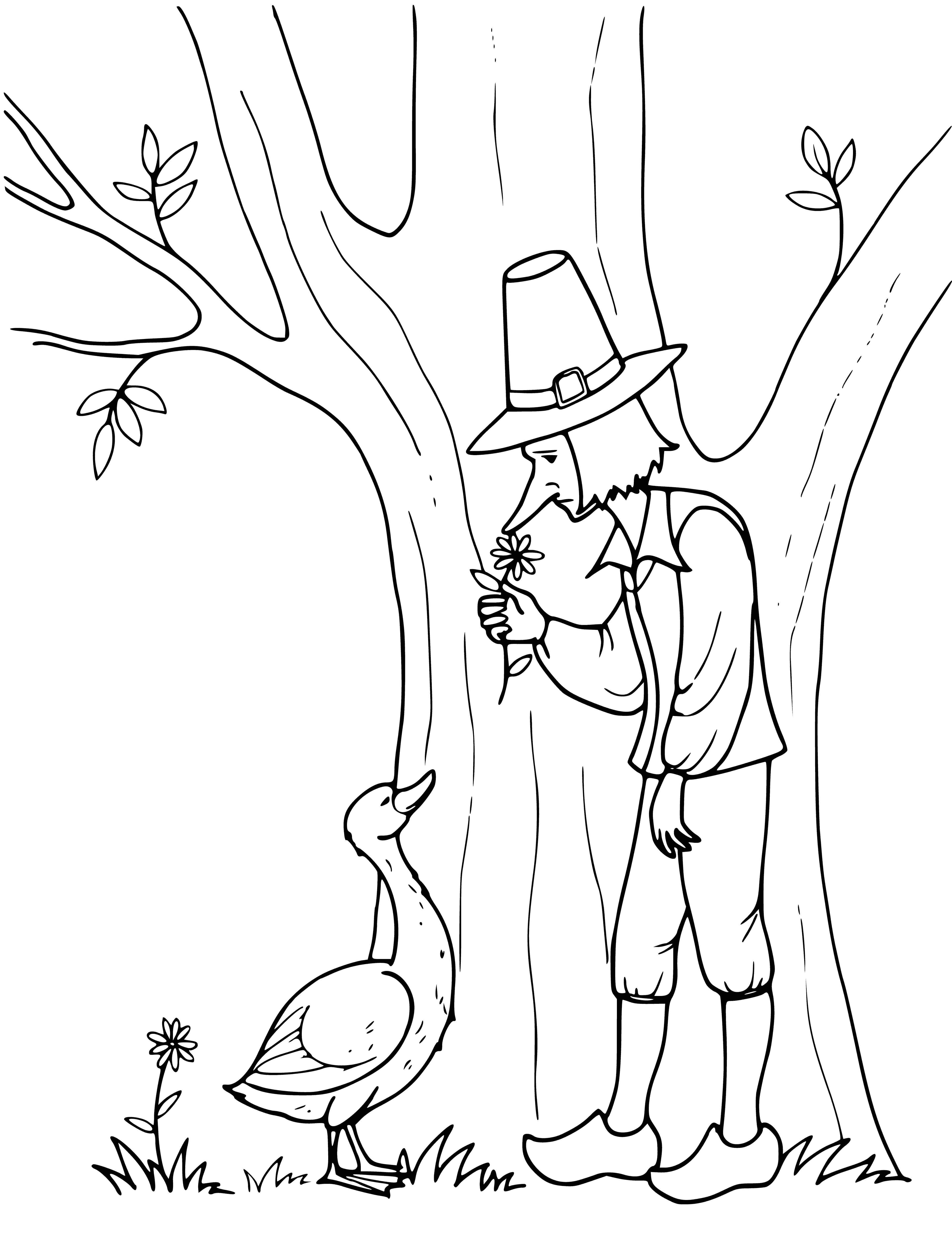 coloring page: Man tells a story with a goose watching from its nest in a large tree while a crowd of people listen. #Storytime