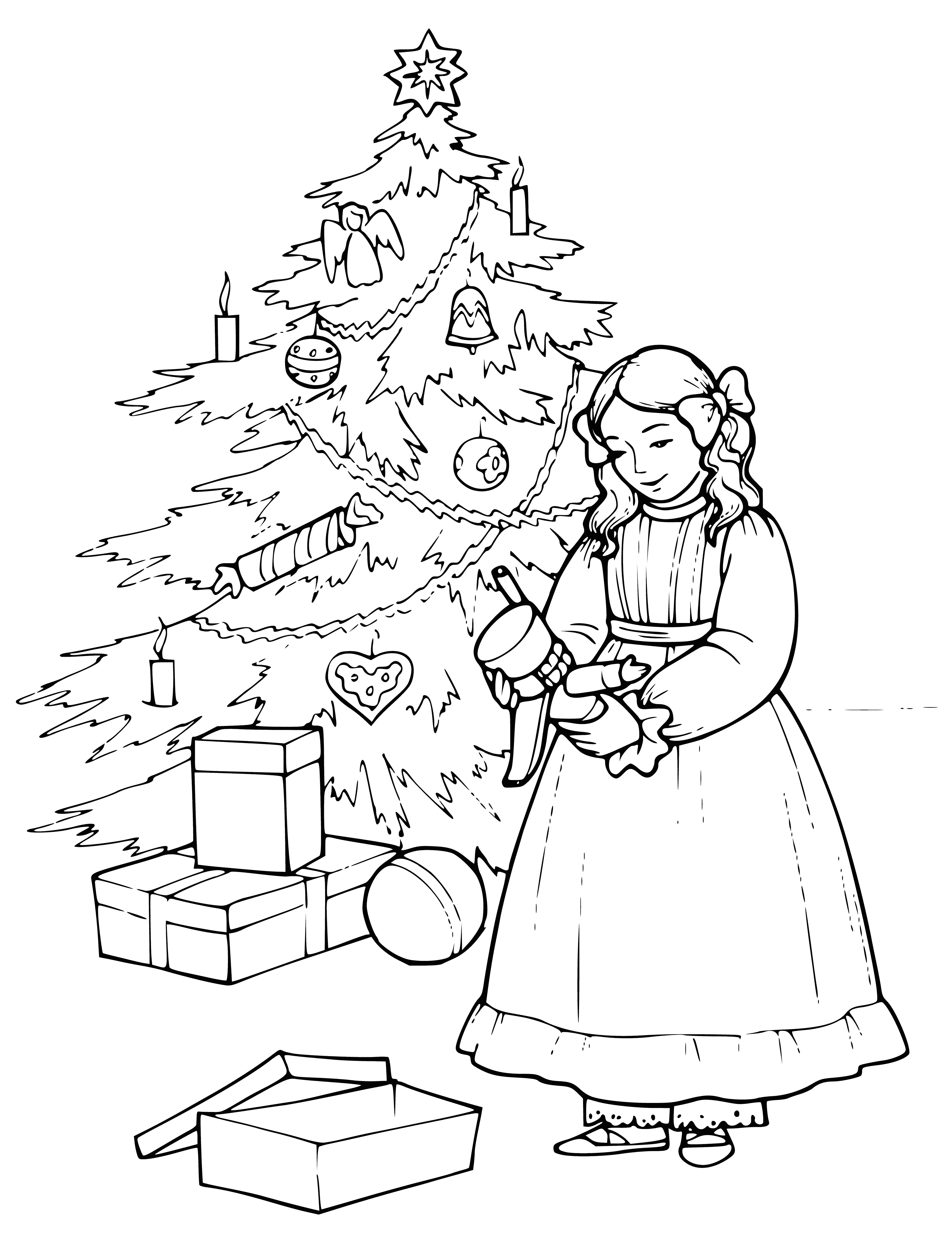 coloring page: Girl in pink dress at Xmas tree with blond curls and blue eyes, holds nutcracker in right hand.