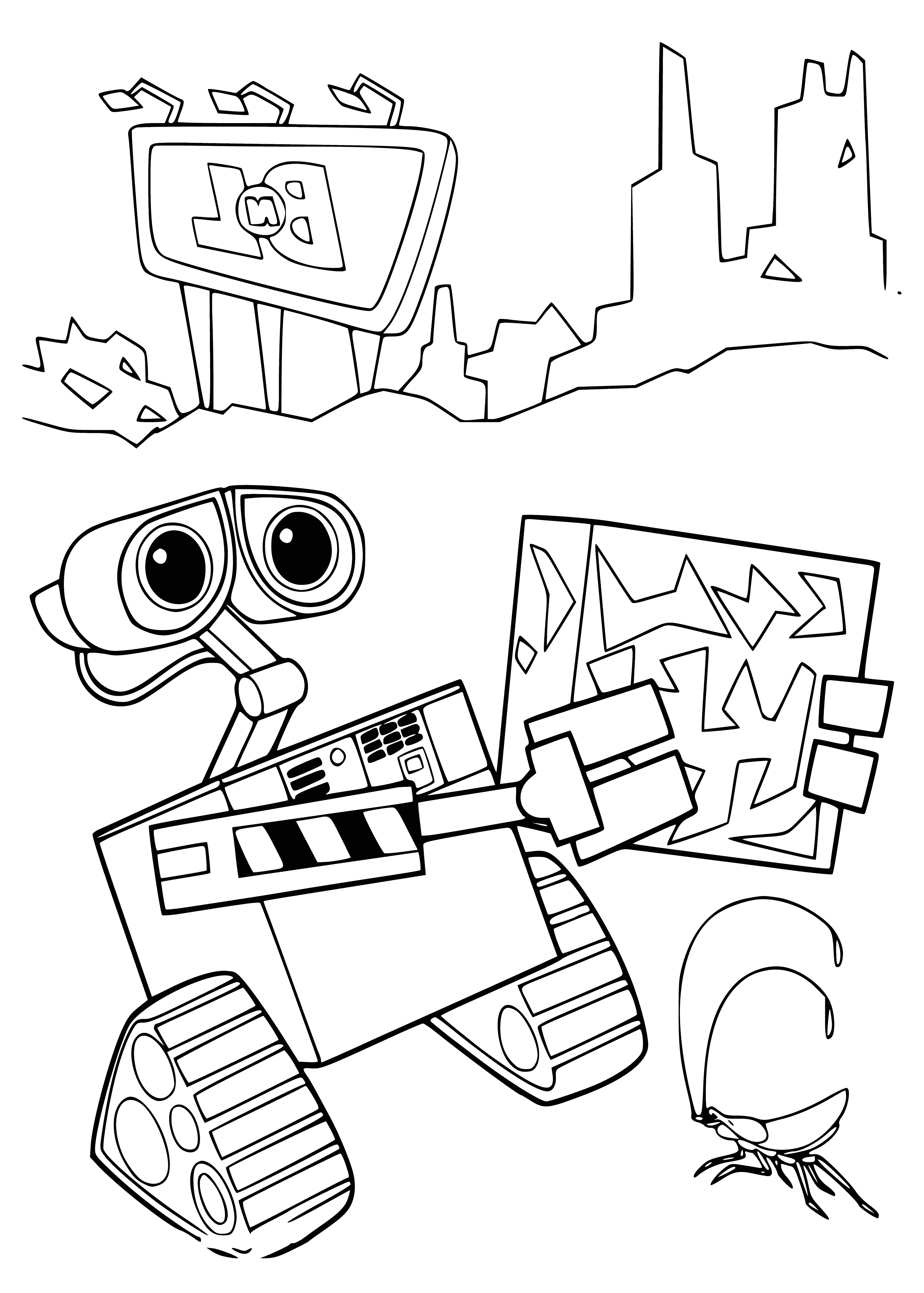 coloring page: Wall-e is alone in a trash-filled valley, surrounded by distant mountains.