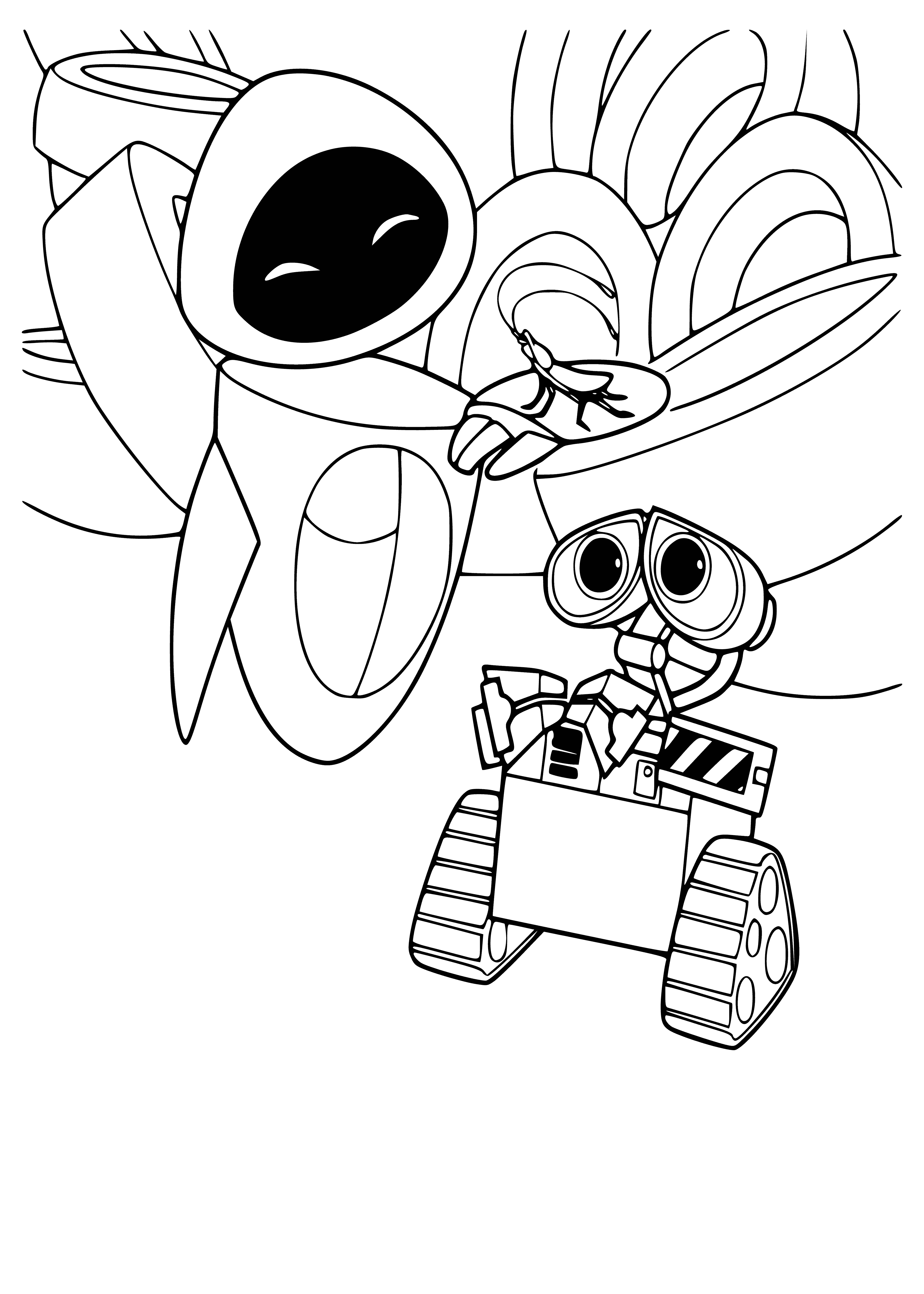 coloring page: Large metal robot holds oval robot in arms. Both have large eyes, grime and the larger has a box on back, spitting out fire. #Robots