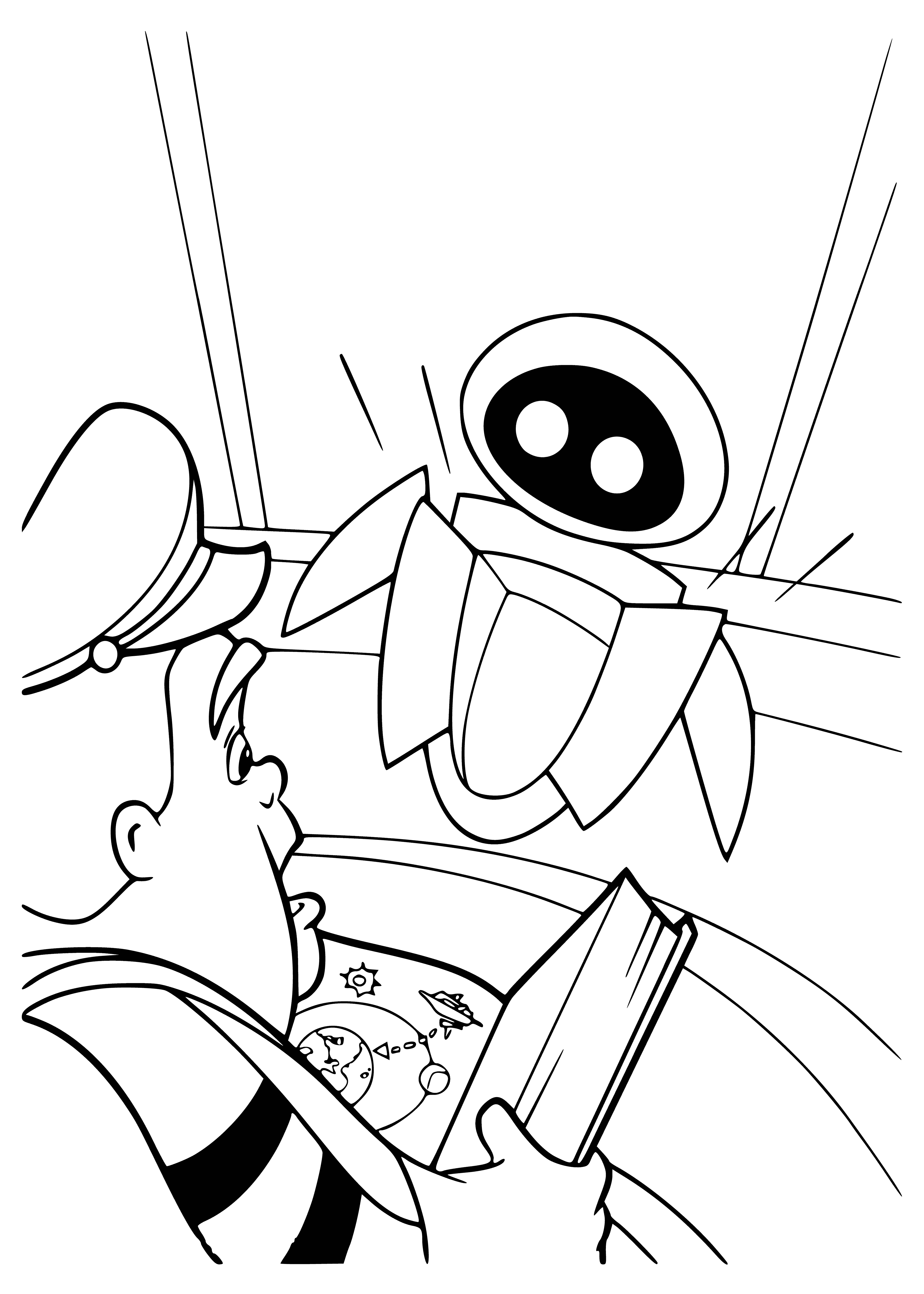 coloring page: Two robots, one small and round, the other larger and white, stand against a starscape, the small one reaching out to touch the other's hand. #Robots #Friendship