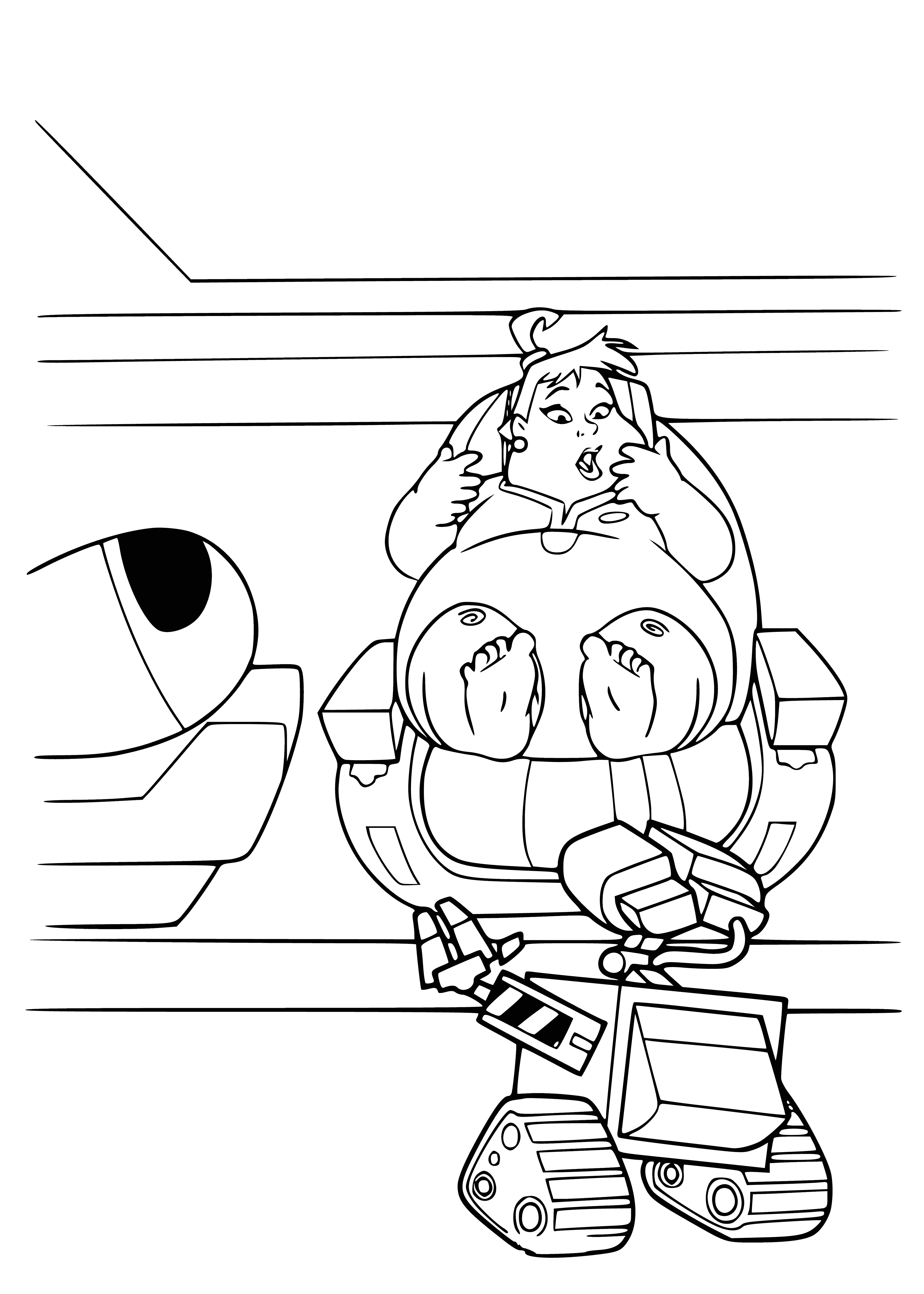 coloring page: Giant BBW Wall-E sits on garbage, back against wall with protruding stomach, small arms and legs, large head with black eyes and sharp teeth.