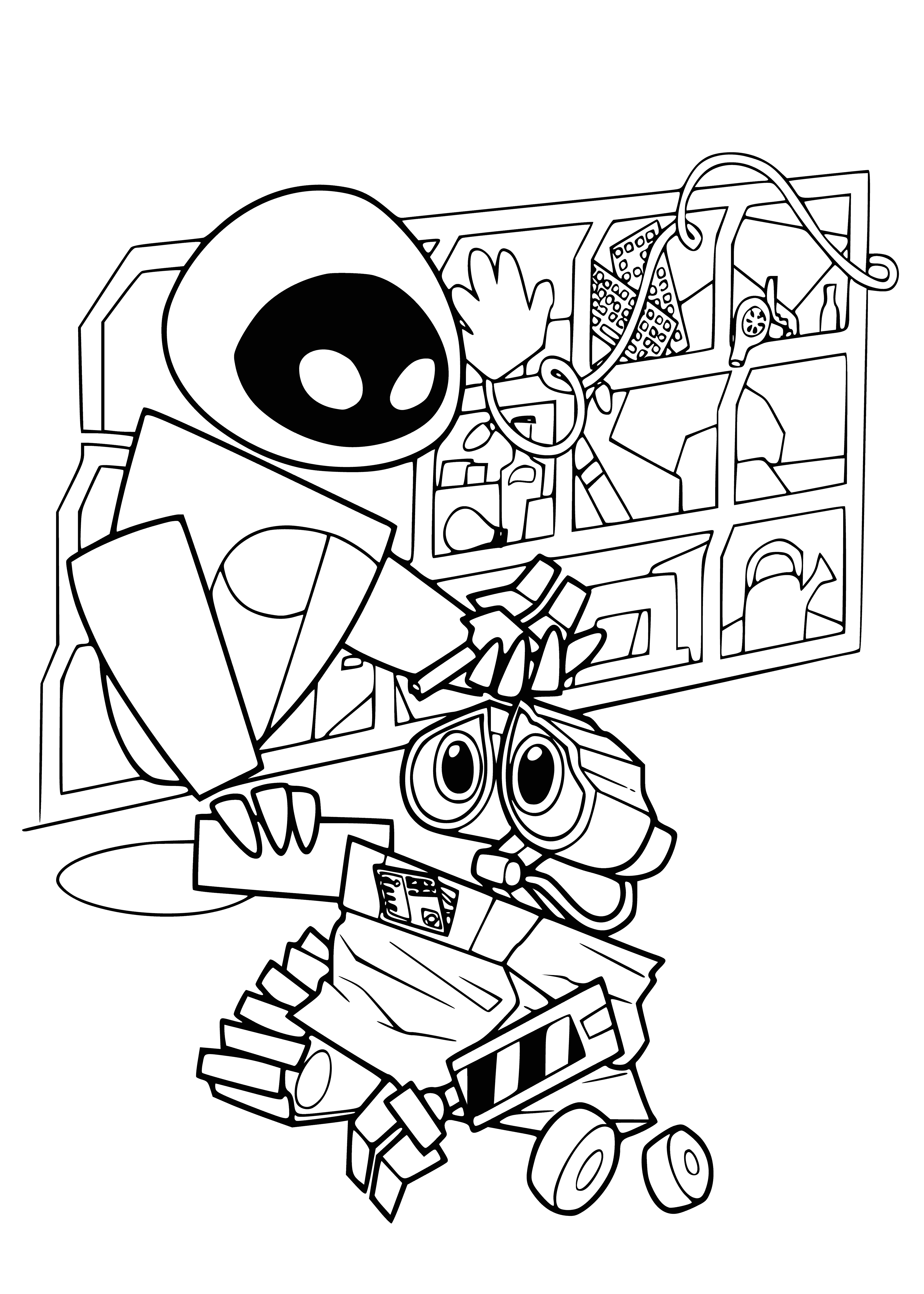 coloring page: Two robots stand on a planet, one white/blue, one green/yellow. #Robots
