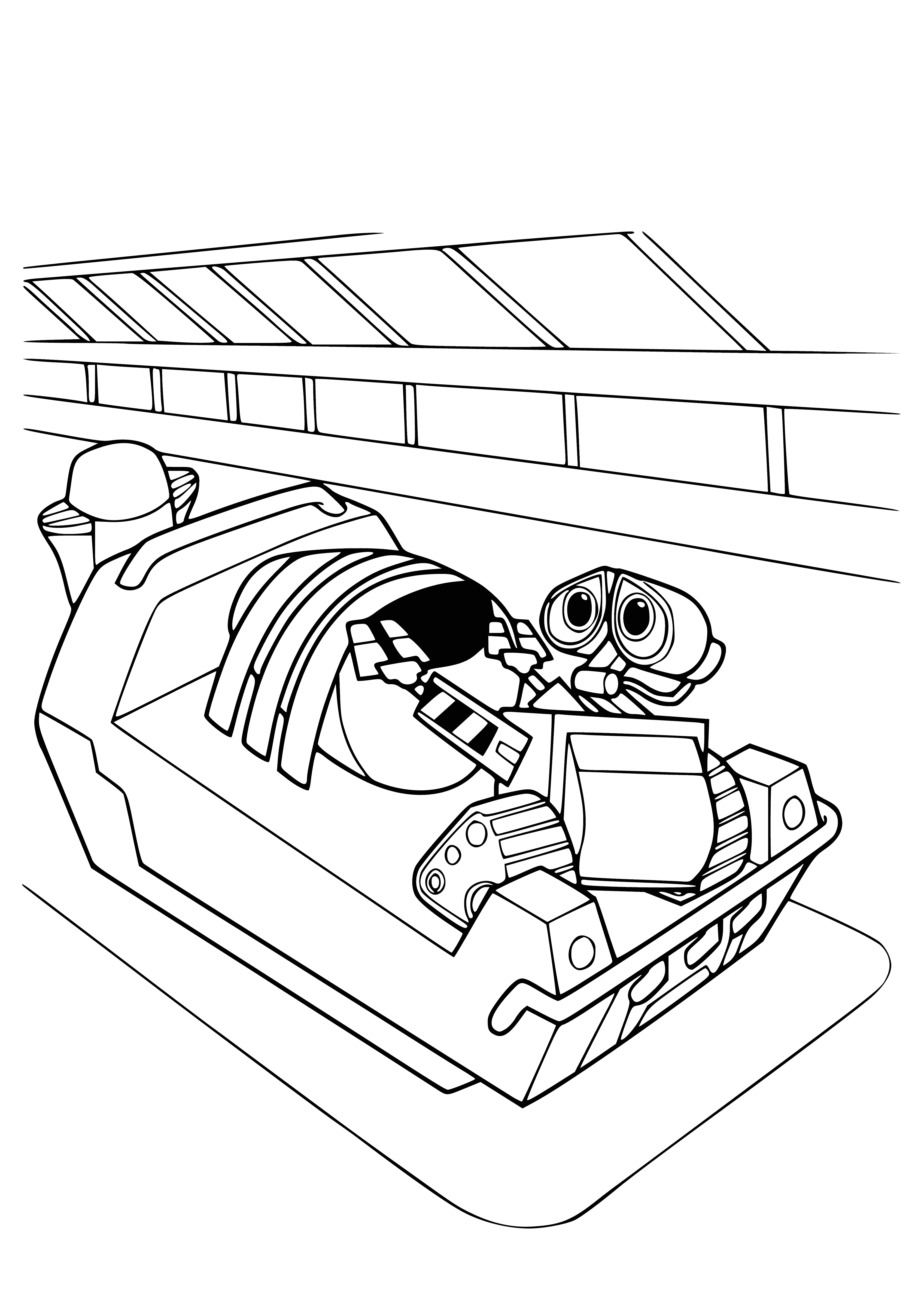 coloring page: Two robots explore planet, onboard blue spaceship. One reaching out to other with large, round eyes. #adventure