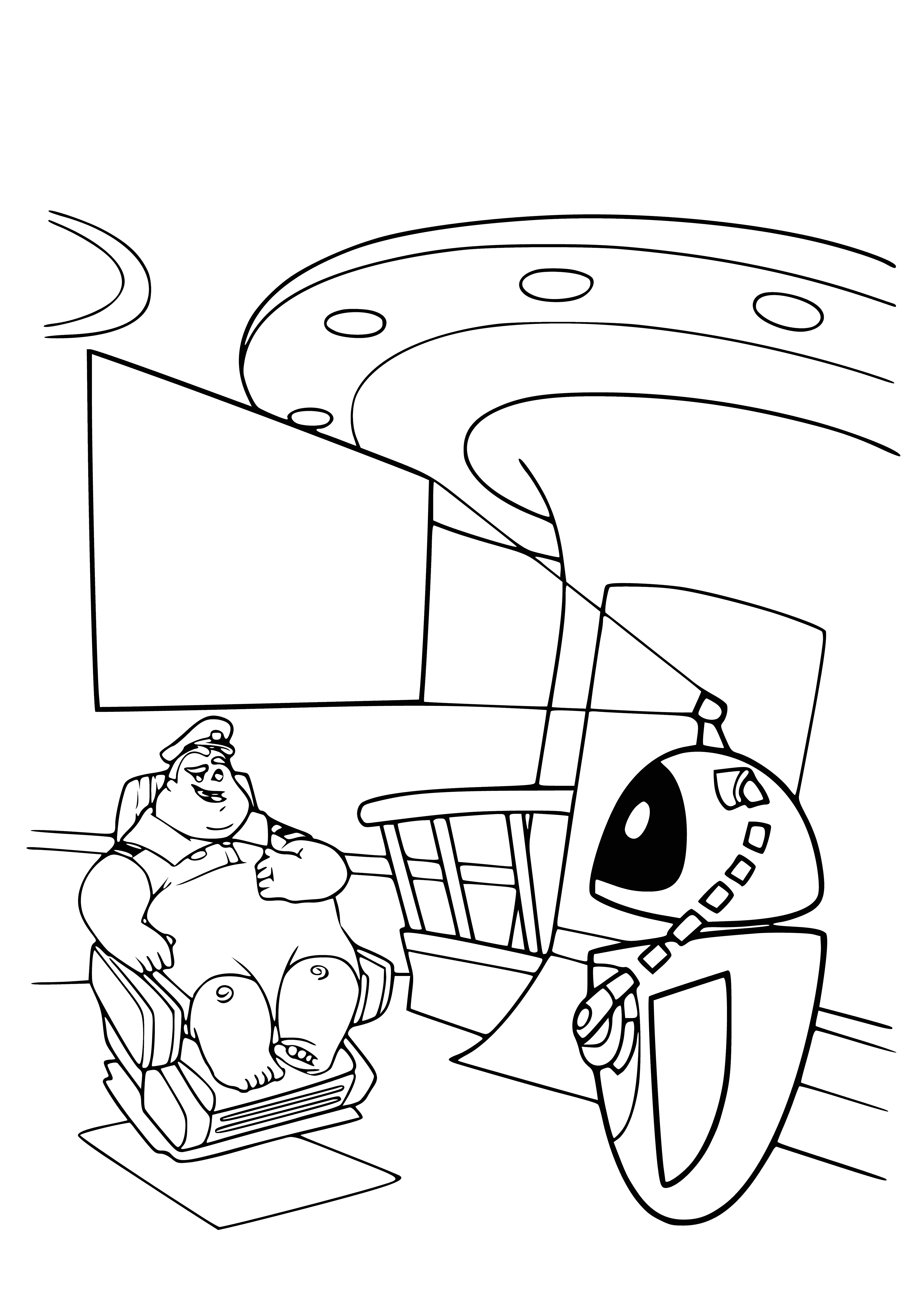 coloring page: Wall-e offers a potted plant to Eva, and the captain looks on. #loveatfirstsight