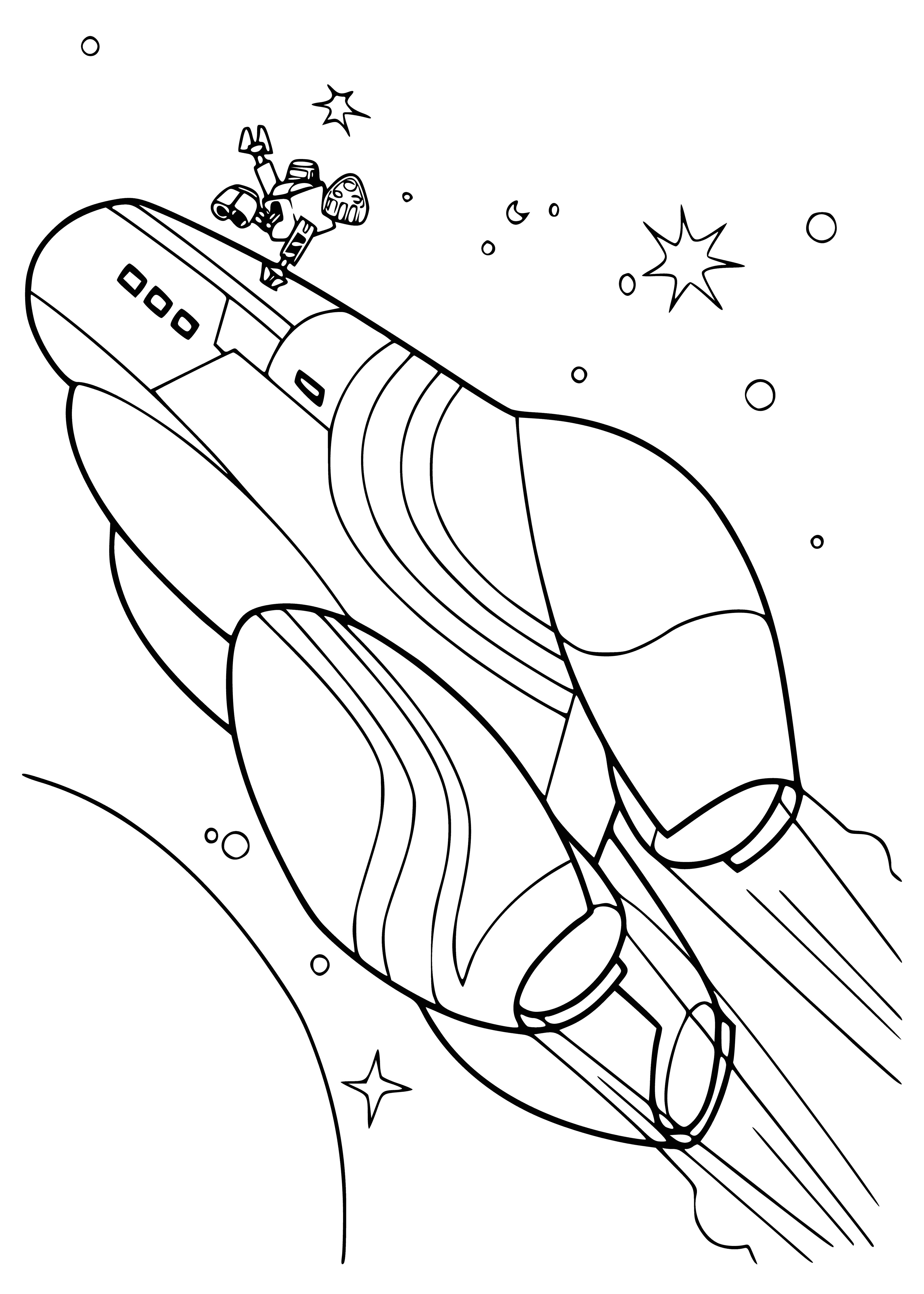 coloring page: Rocket blasting off sky with 4 large boosters strapped to main body, firing fast with bright orange flame at base of each. #space