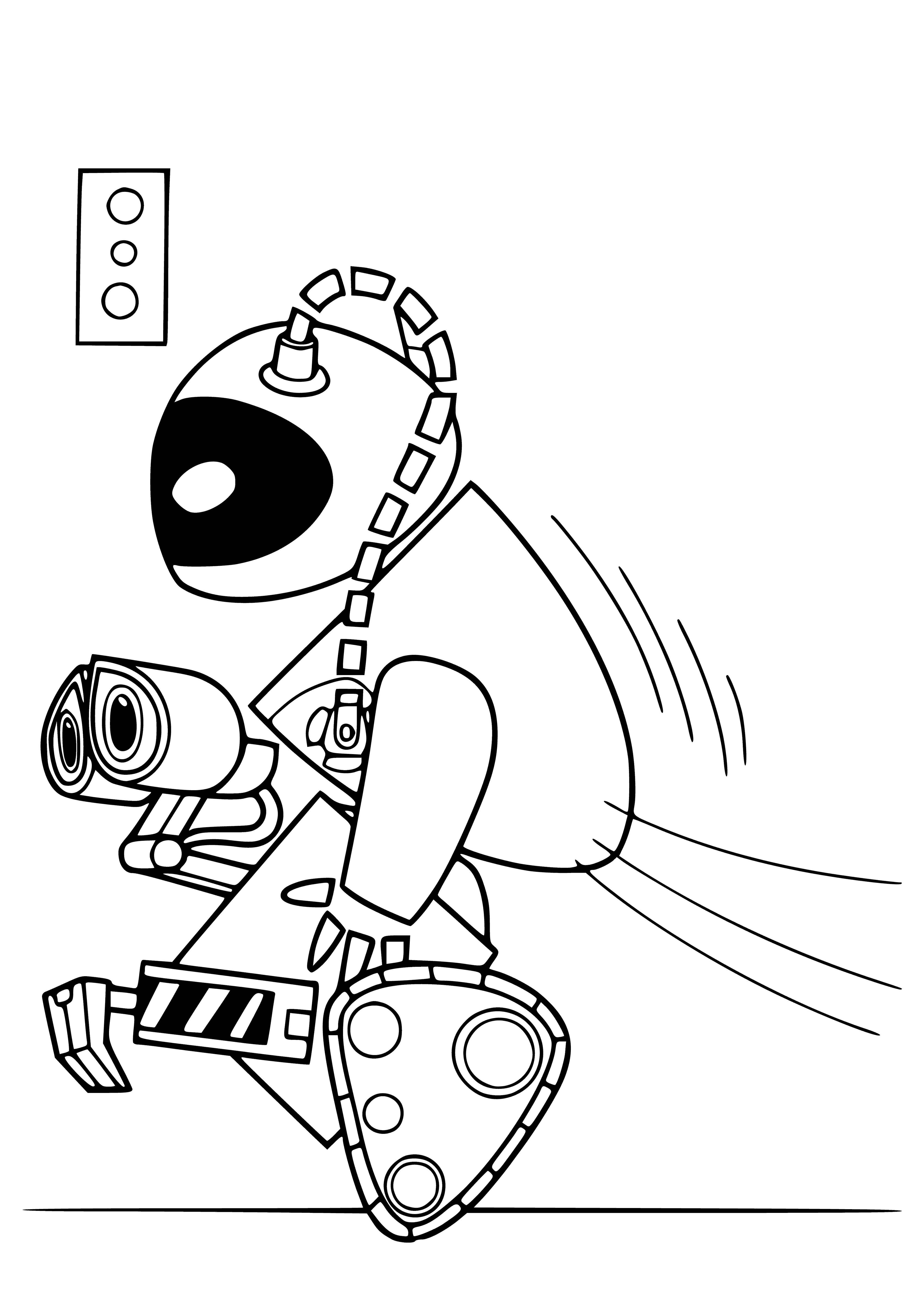 coloring page: Wall-E drives in his little spaceship thru a valley with mountains. Eve flies towards him with a silver object, against a beautiful deep blue sky. #WallE #Eve #coloringpage