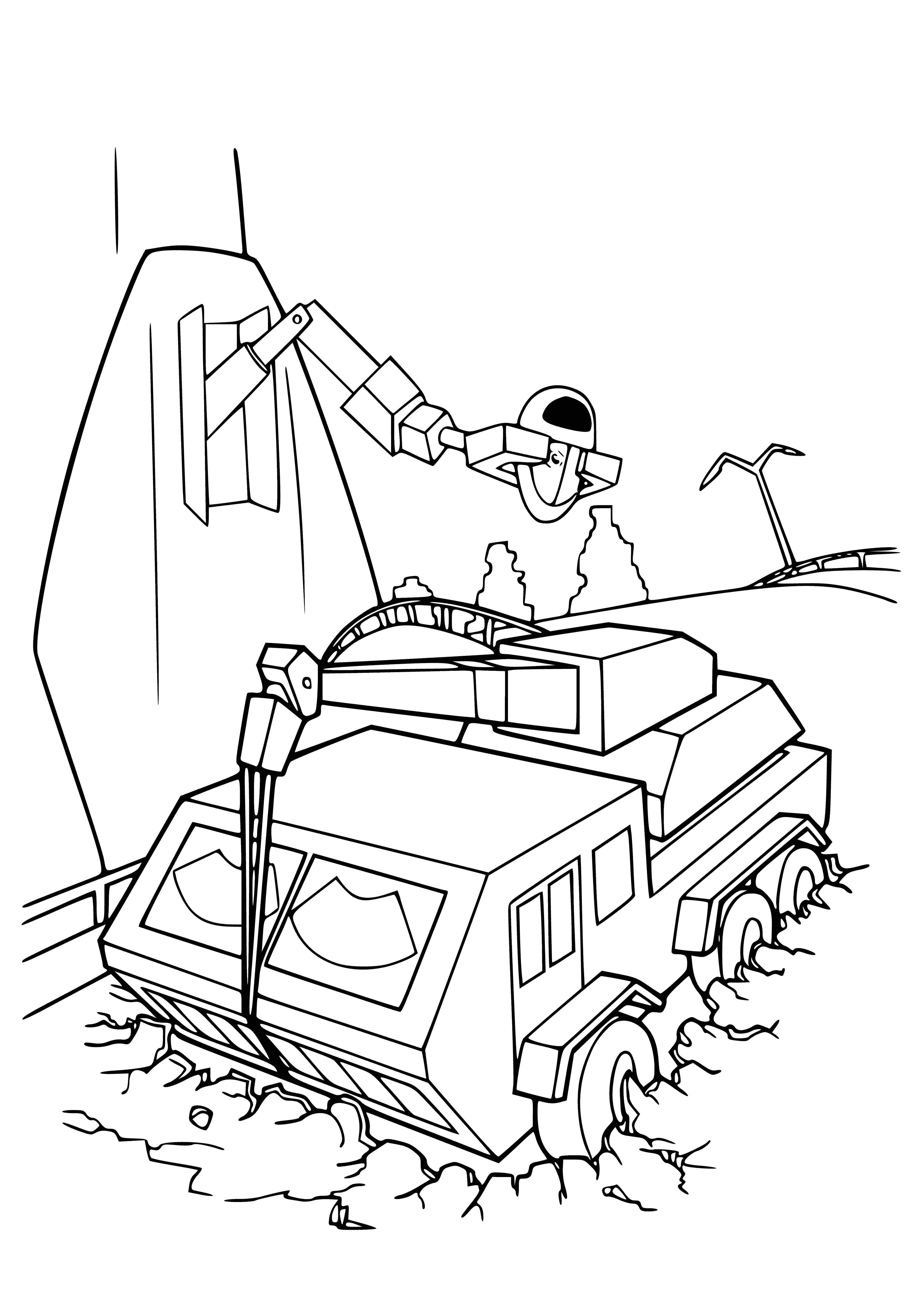 coloring page: A small rectangular robot with metal legs, black eyes, thin arms and 3-fingered claws, walking with its head low.