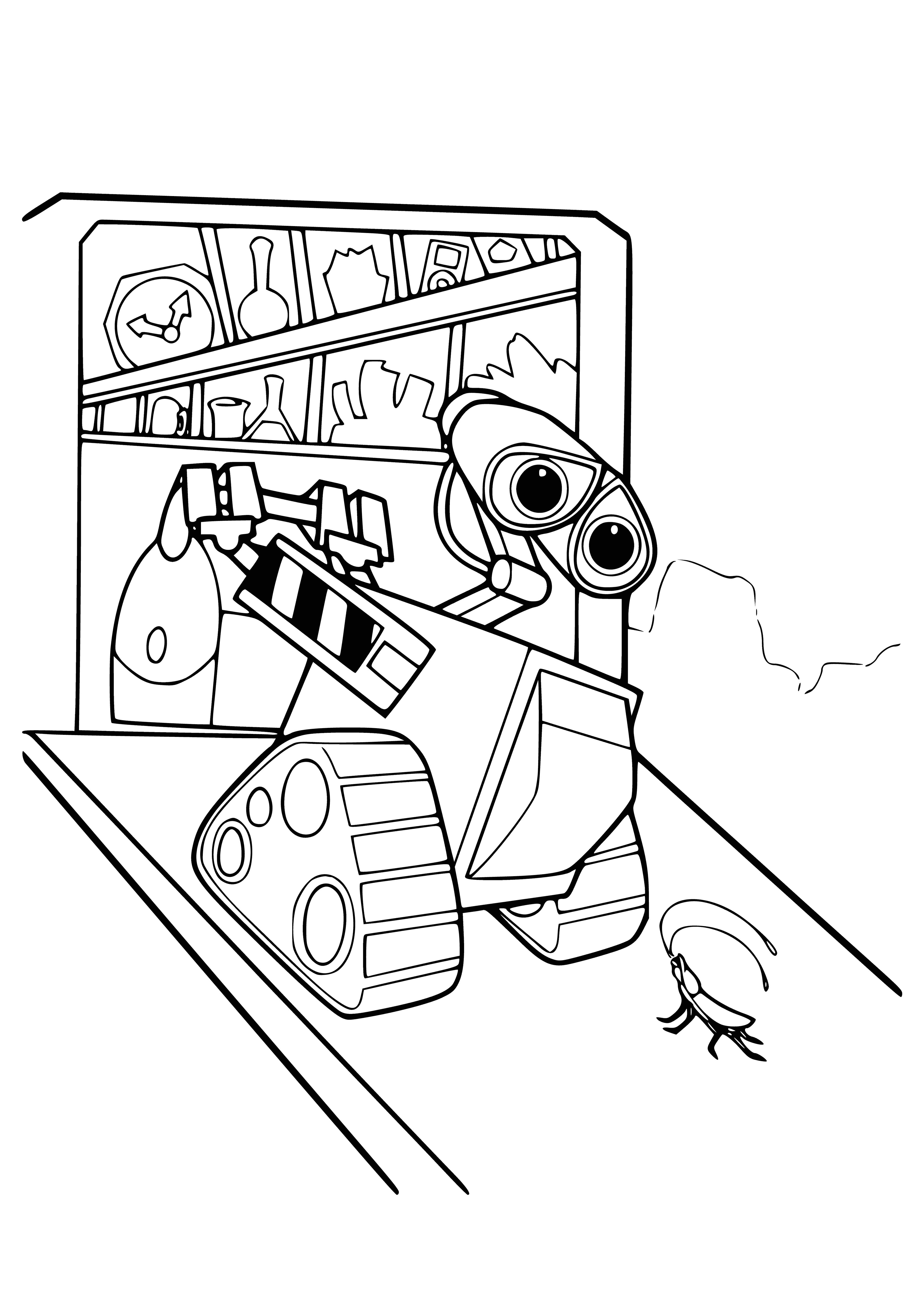 coloring page: Wall-e, a Robot with 2 eyes & 2 arms, explores a valley with a brown 6-legged cockroach in a coloring page.