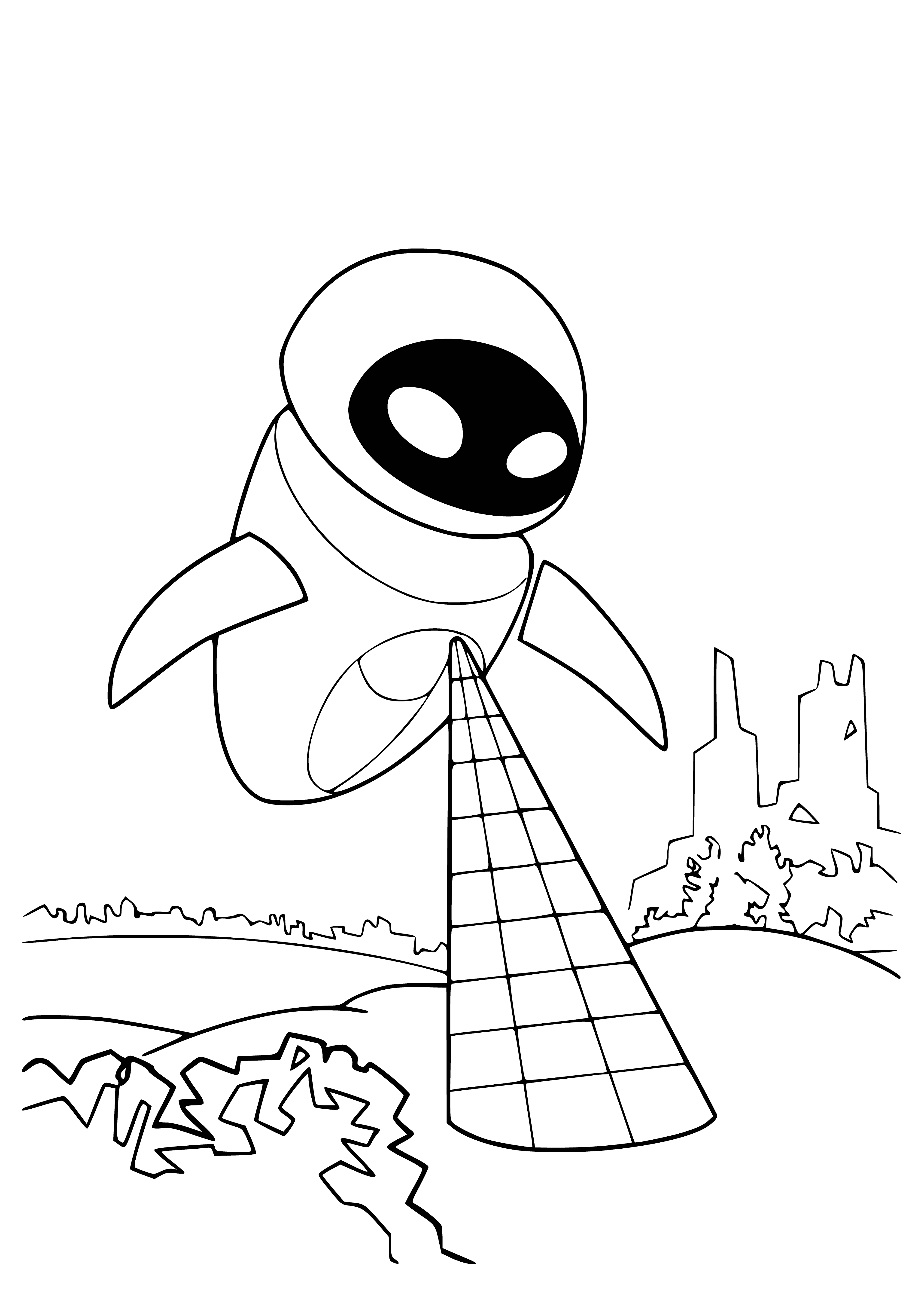 coloring page: Robot and plant holding hands, big eyes and small mouth, round and bulky body: looks happy.