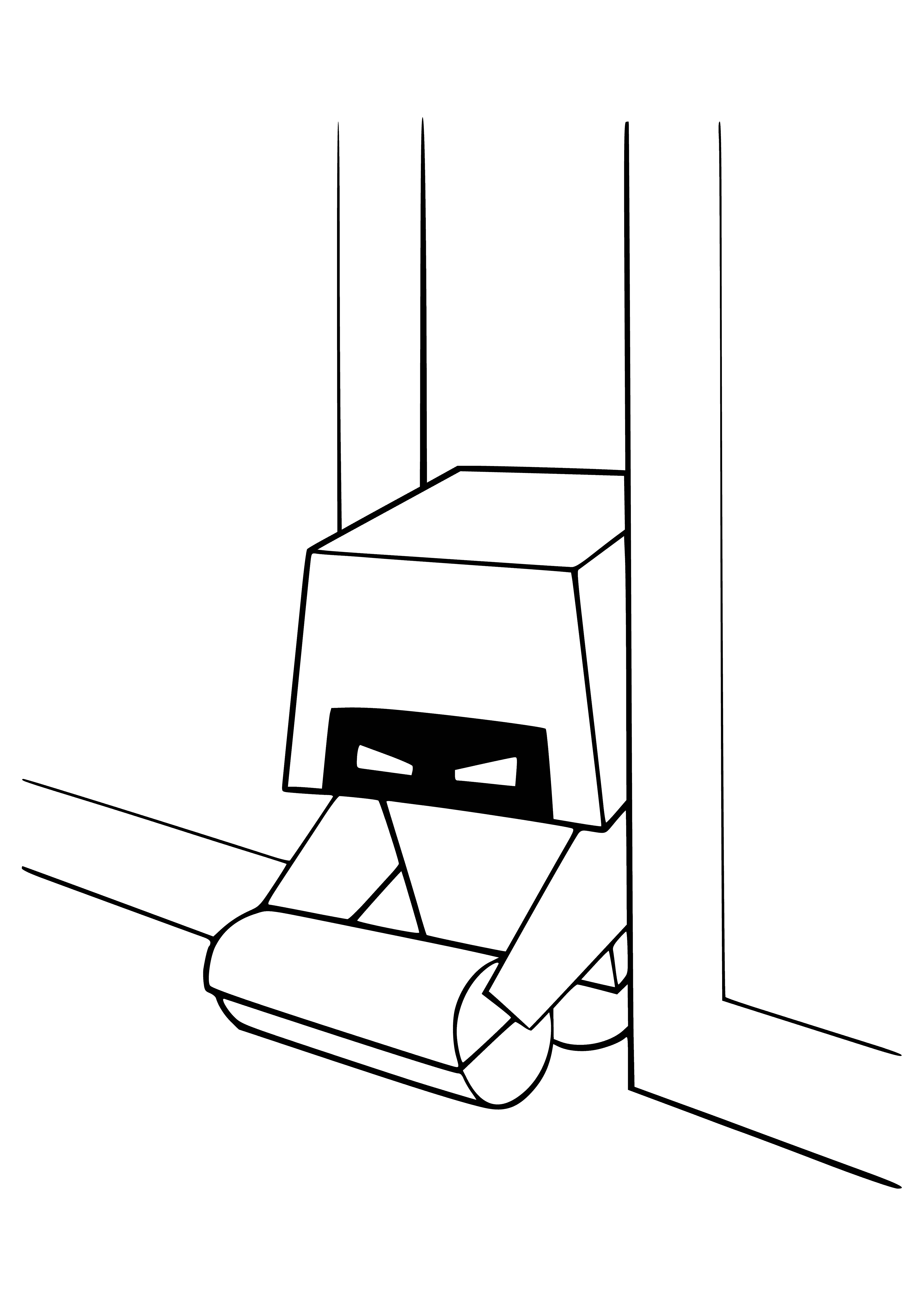 coloring page: Robot with long neck and small body holds broom and dustpan in its two hands, while a green light shines on its head.