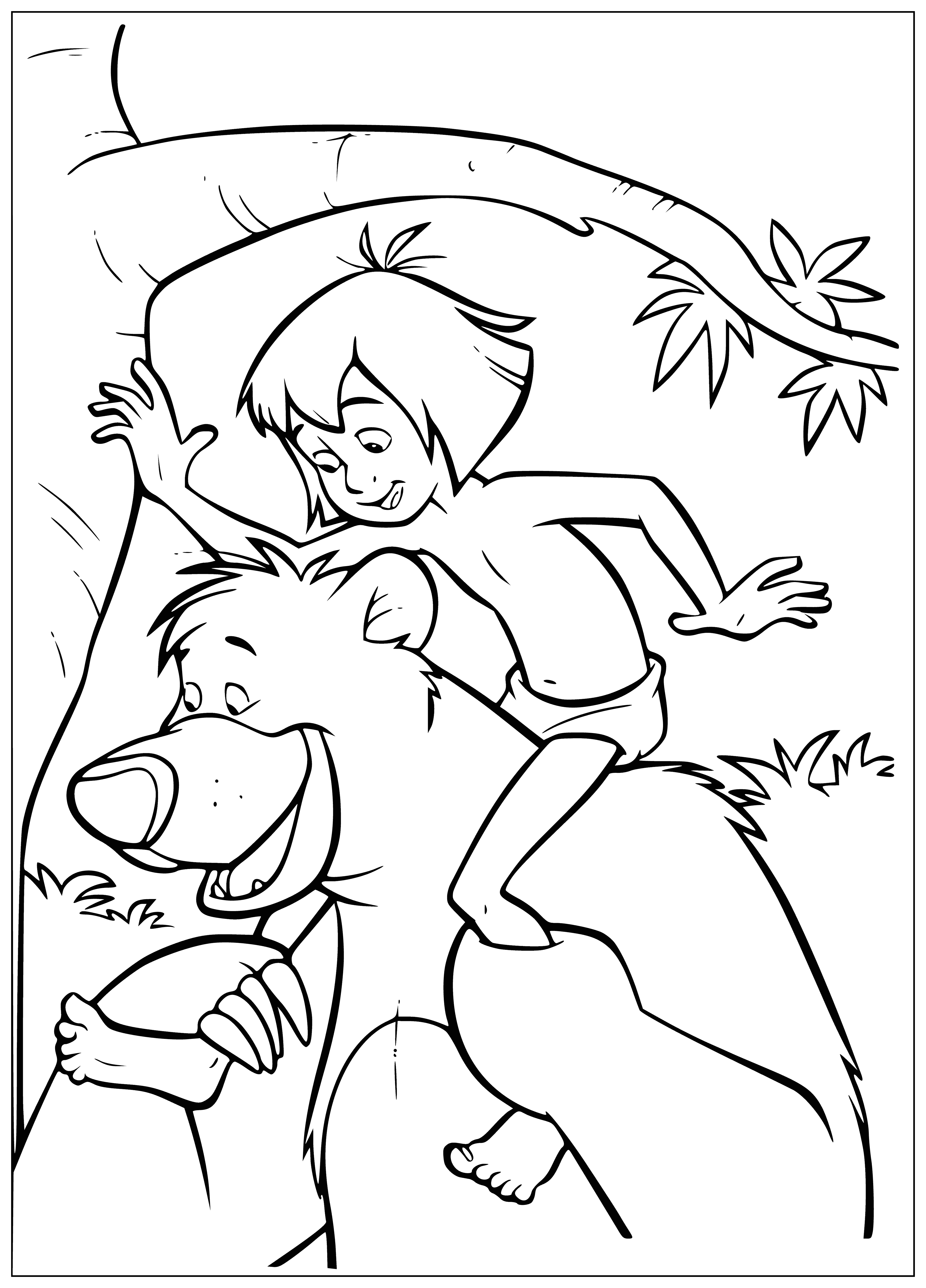 coloring page: Boy and bear swing on vine, boy with dark hair & loincloth, bear with cub, both happy in jungle.