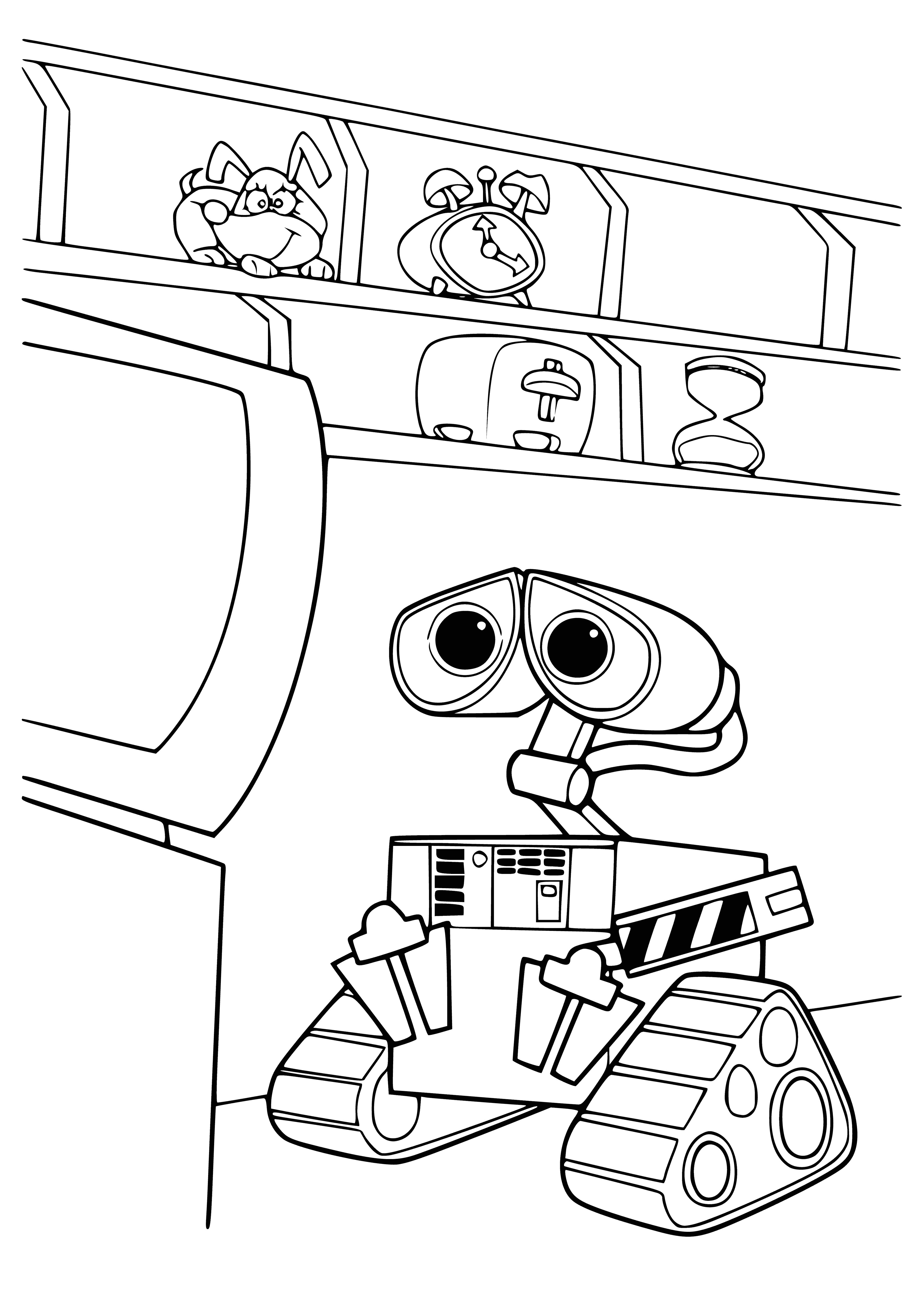coloring page: Robot stands in center of coloring page, TV showing rotating planet, waving hand & holding remote. Next to robot is green plant in pot.