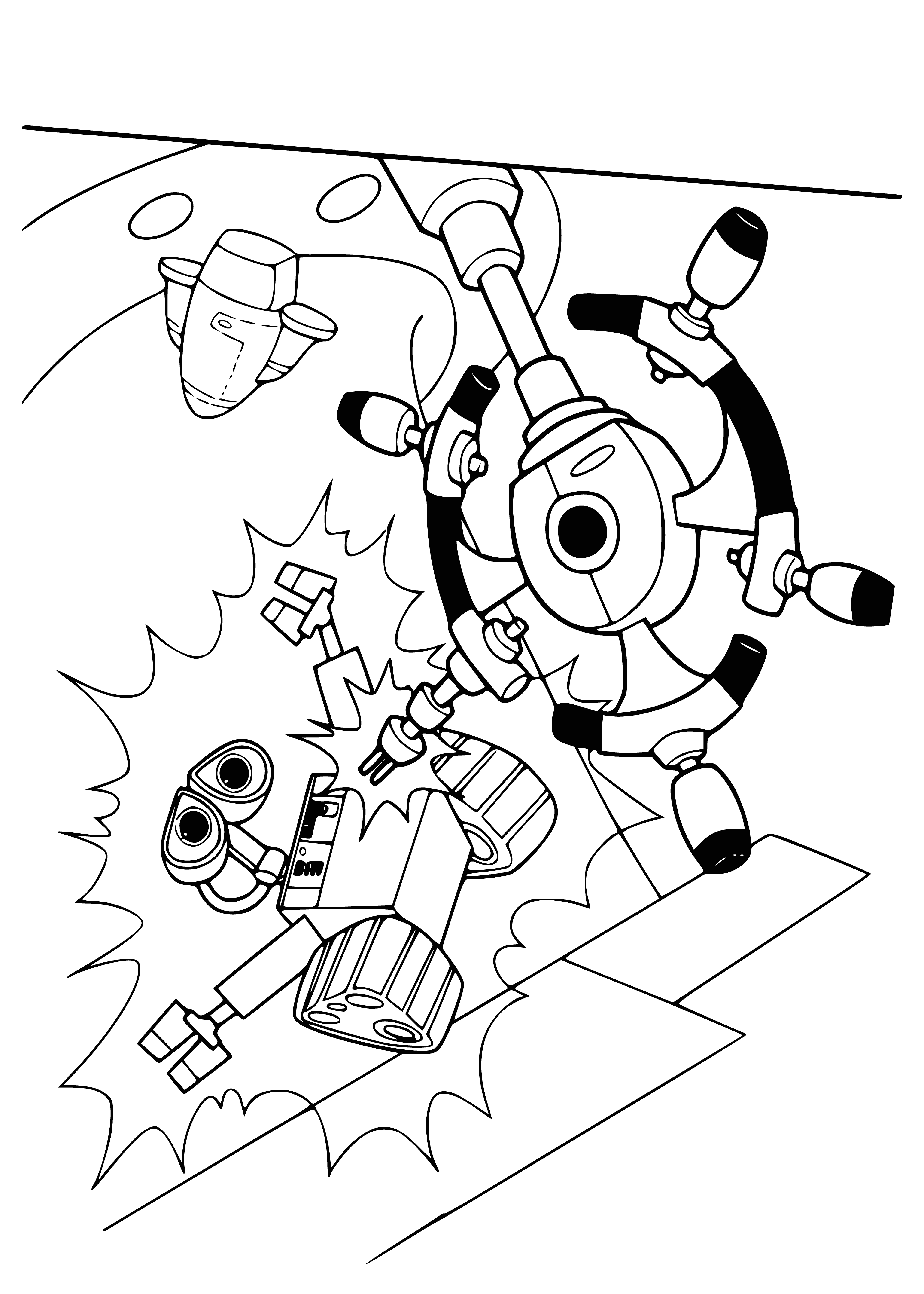 coloring page: Person holds machine handle, creating spark between the metal plates. Powered by large battery.