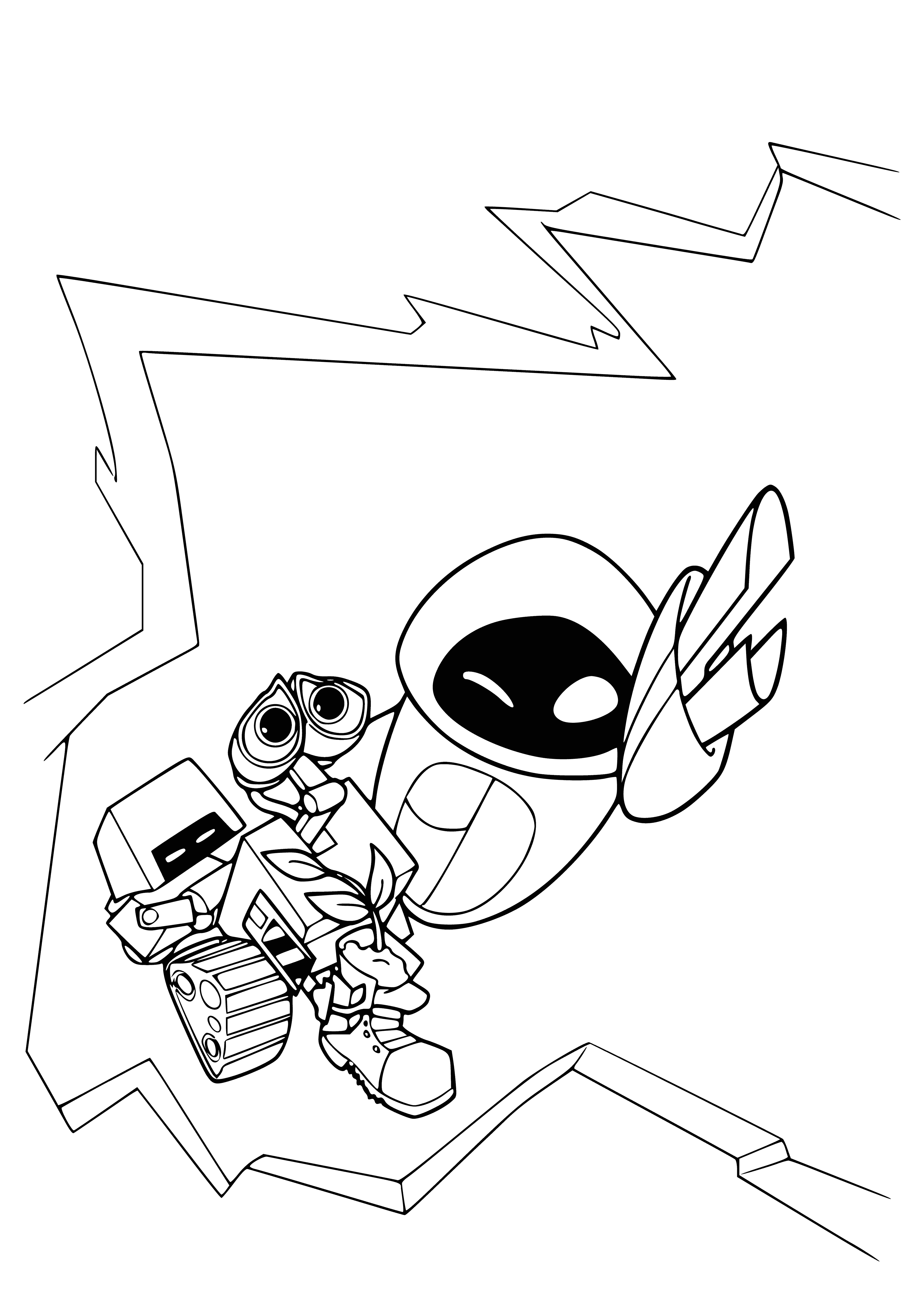 coloring page: Wall-e looks at the flower, captivated.

Wall-e and Eve bond over a flower, captivating them both.