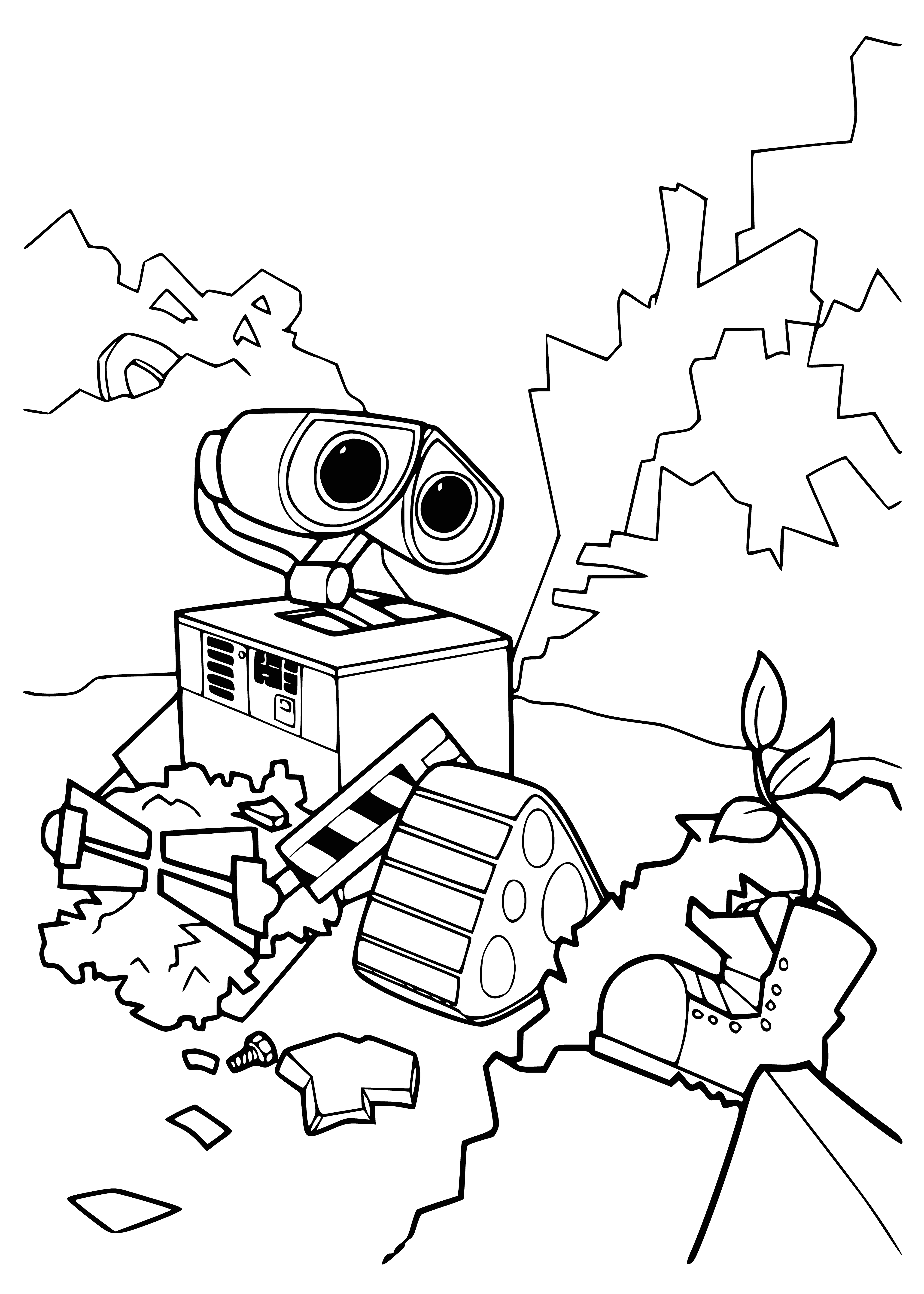 coloring page: Valley and Wall-e hold a sprout to the sun, Valley standing next to Wall-e.