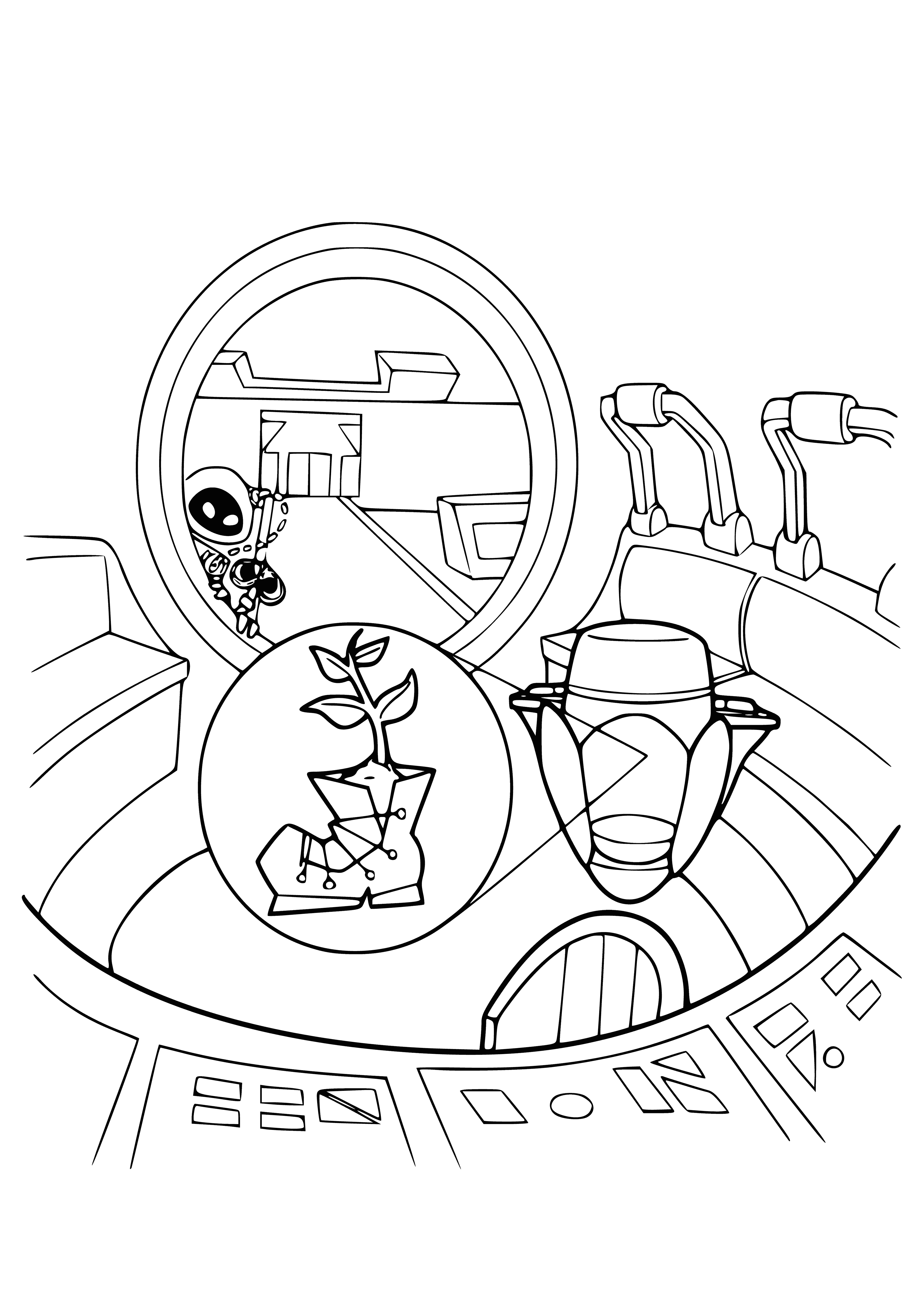 coloring page: Space shuttle rescues Wall-e in space; Wall-e returns safely to Earth.