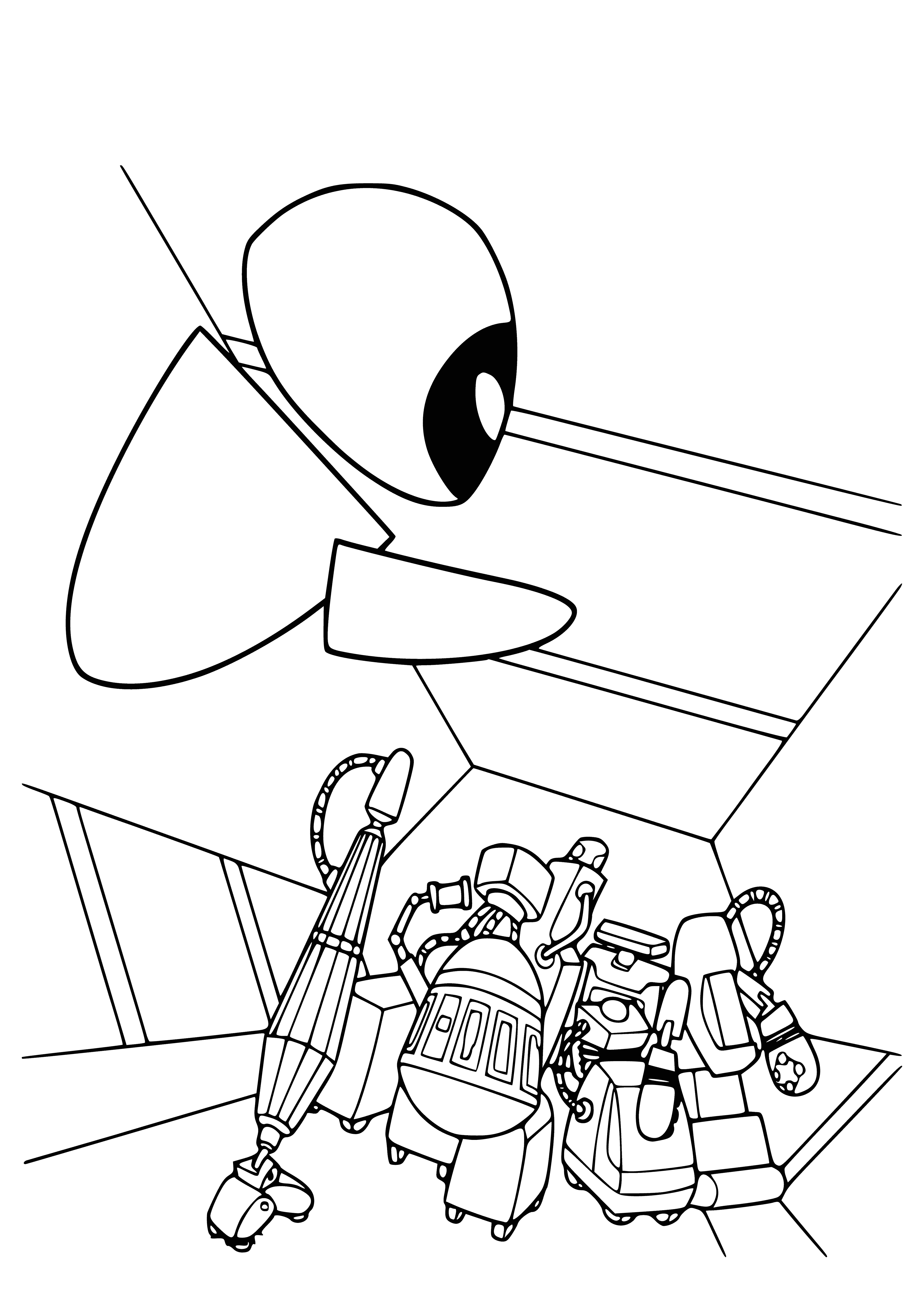 coloring page: Robots conversing; one repairing/checking on the other with a large dent on its chest.