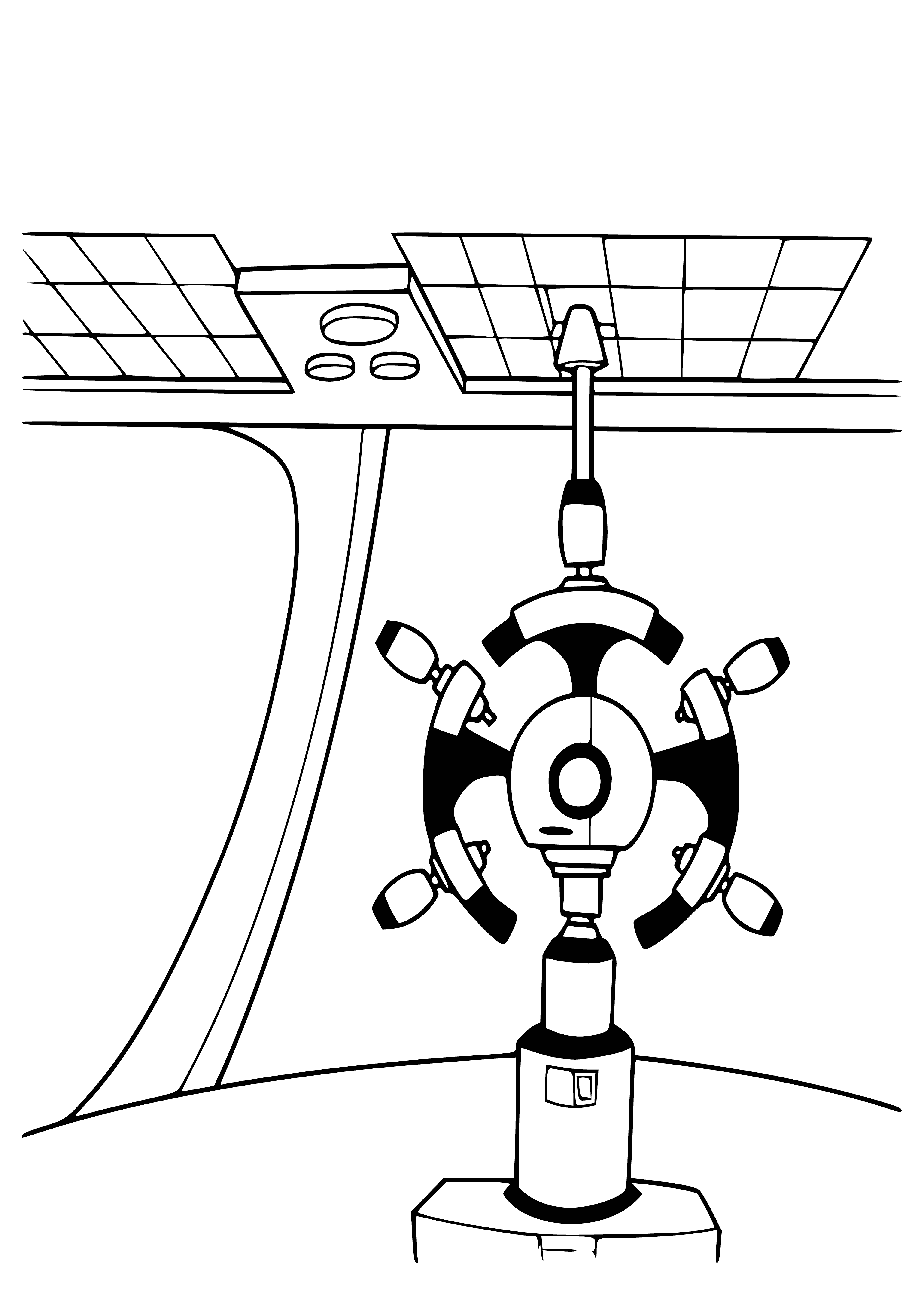 coloring page: A room on a space vessel with large windows, full of switches, buttons & levers. View of space out the windows. #sci-fi