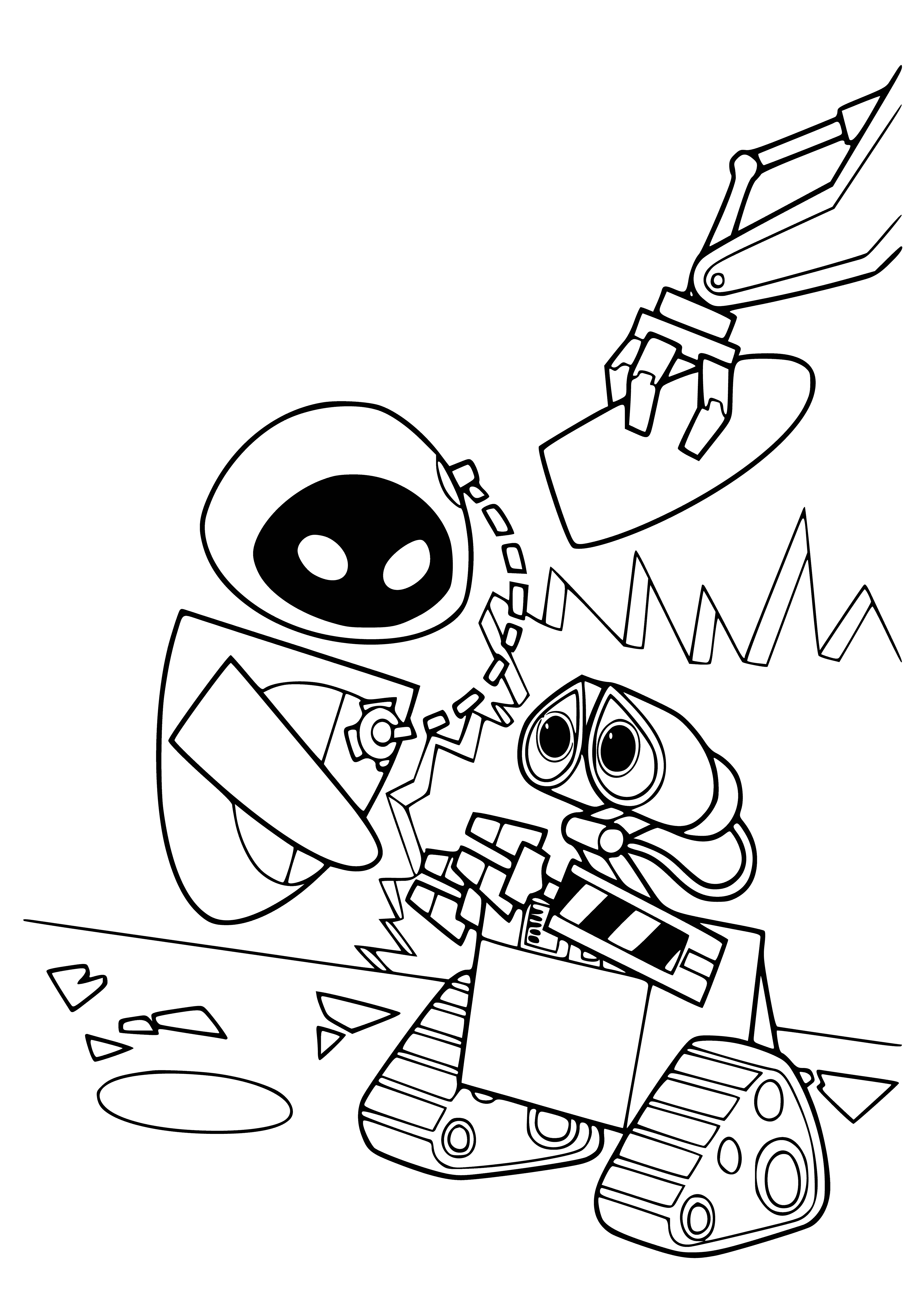 coloring page: Wall-e and Eve explore a world of organic splendor, discovering love and friendship as they journey.