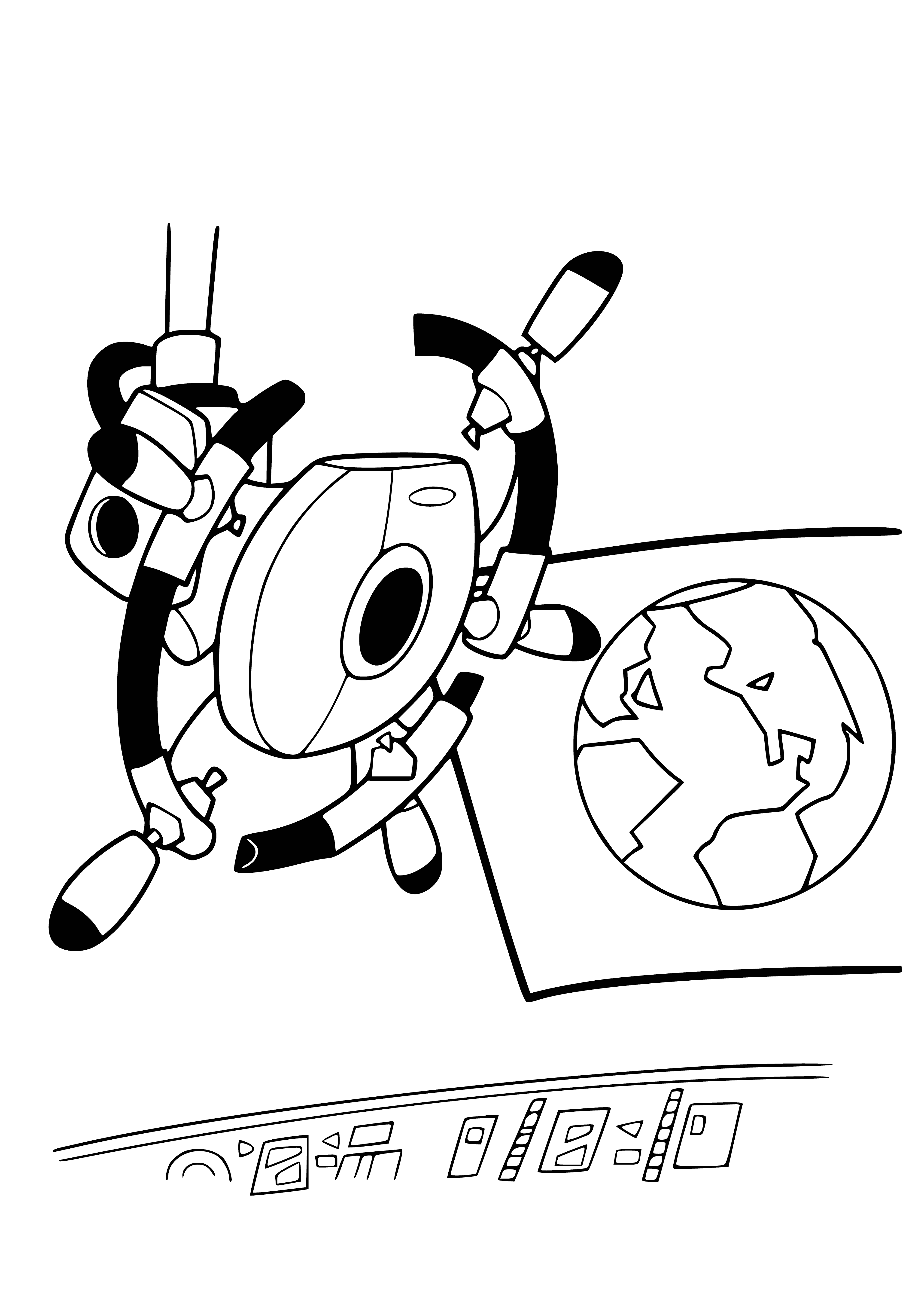 coloring page: A small robot, Wall-E, surrounded by a rocky, dusty environment, has a big head, thin body, thin arms & legs, and small treads on his feet. A bright green coloring page in the center & blue sky in the background.