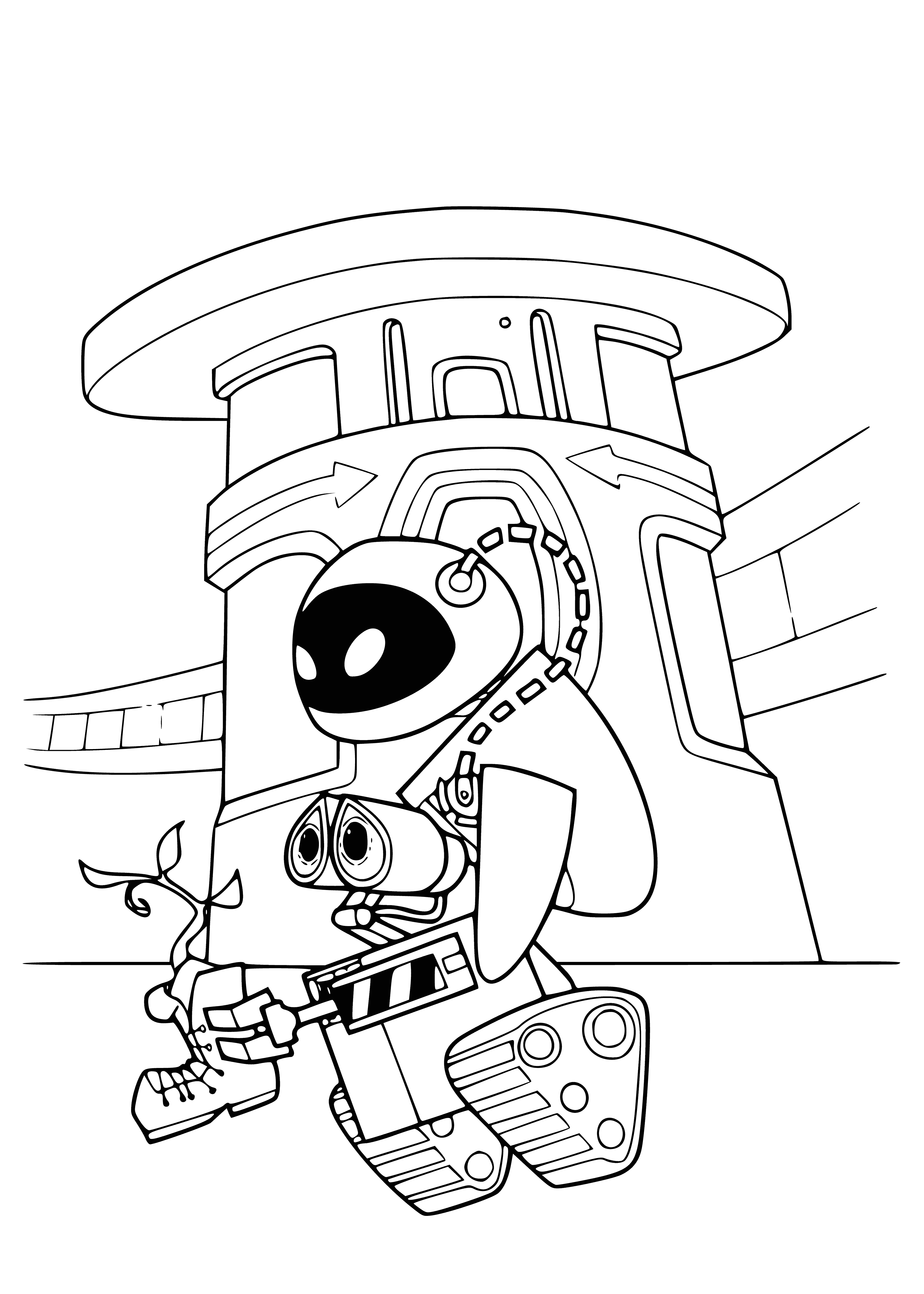 coloring page: WALL-E & EVE stand in front of a beautiful valley, admiring and loving each other. #RobotsInLove