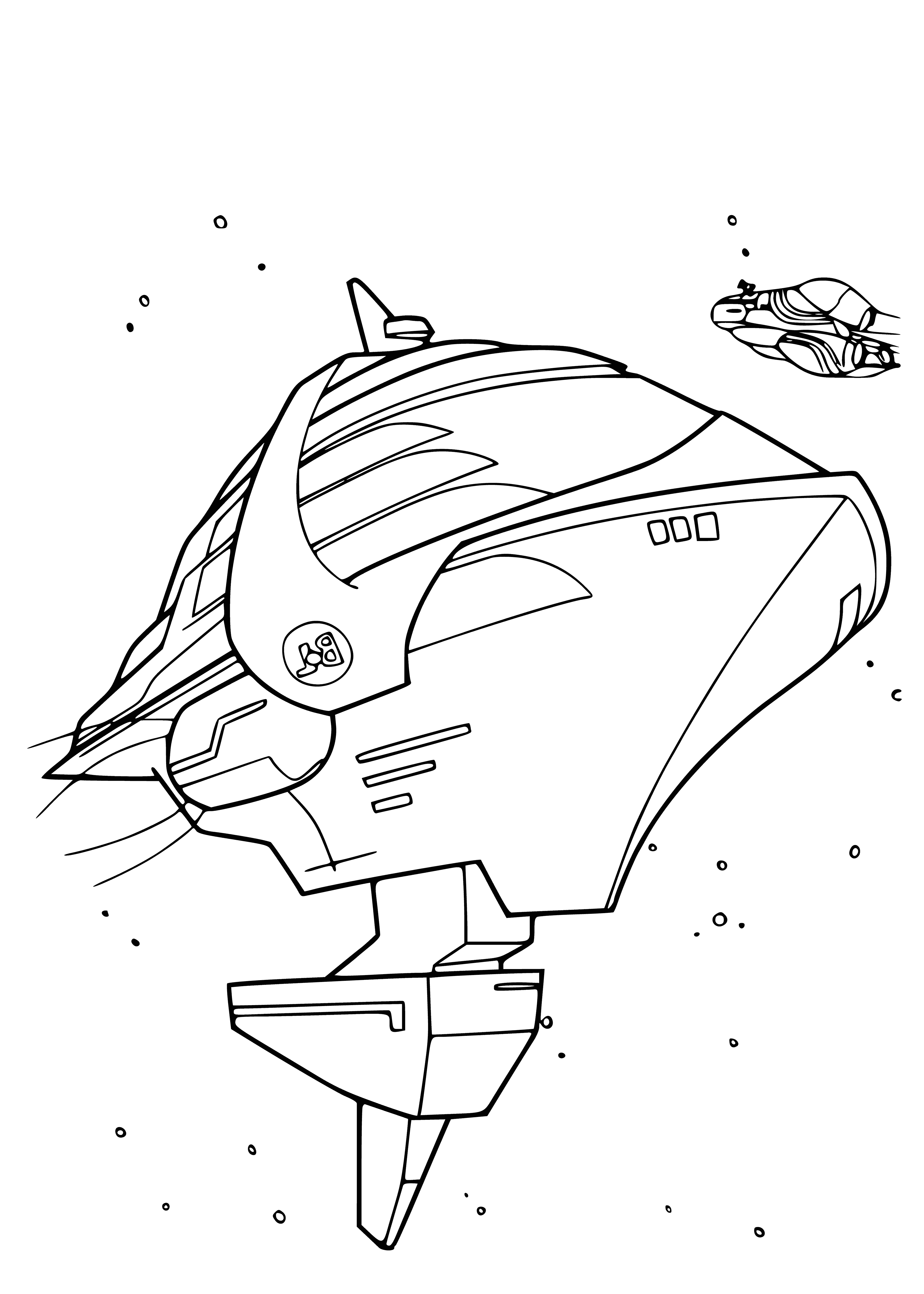 coloring page: Spacecraft w/big cockpit and engines, rectangular viewport, small wings, large back door, two engines.