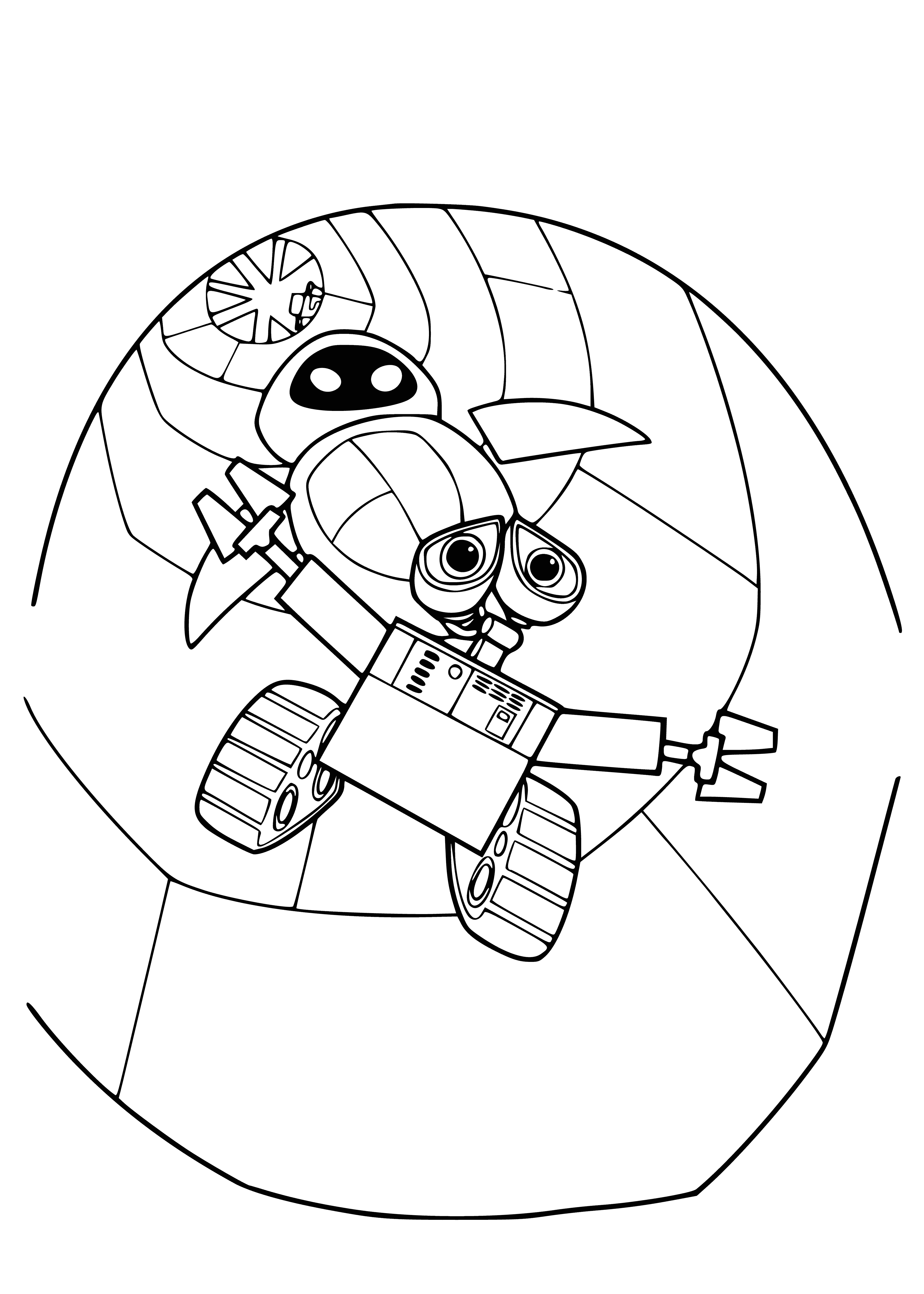 coloring page: Two robots with big eyes hold hands in the center of a green valley surrounded by mountains. #Robots #Friendship