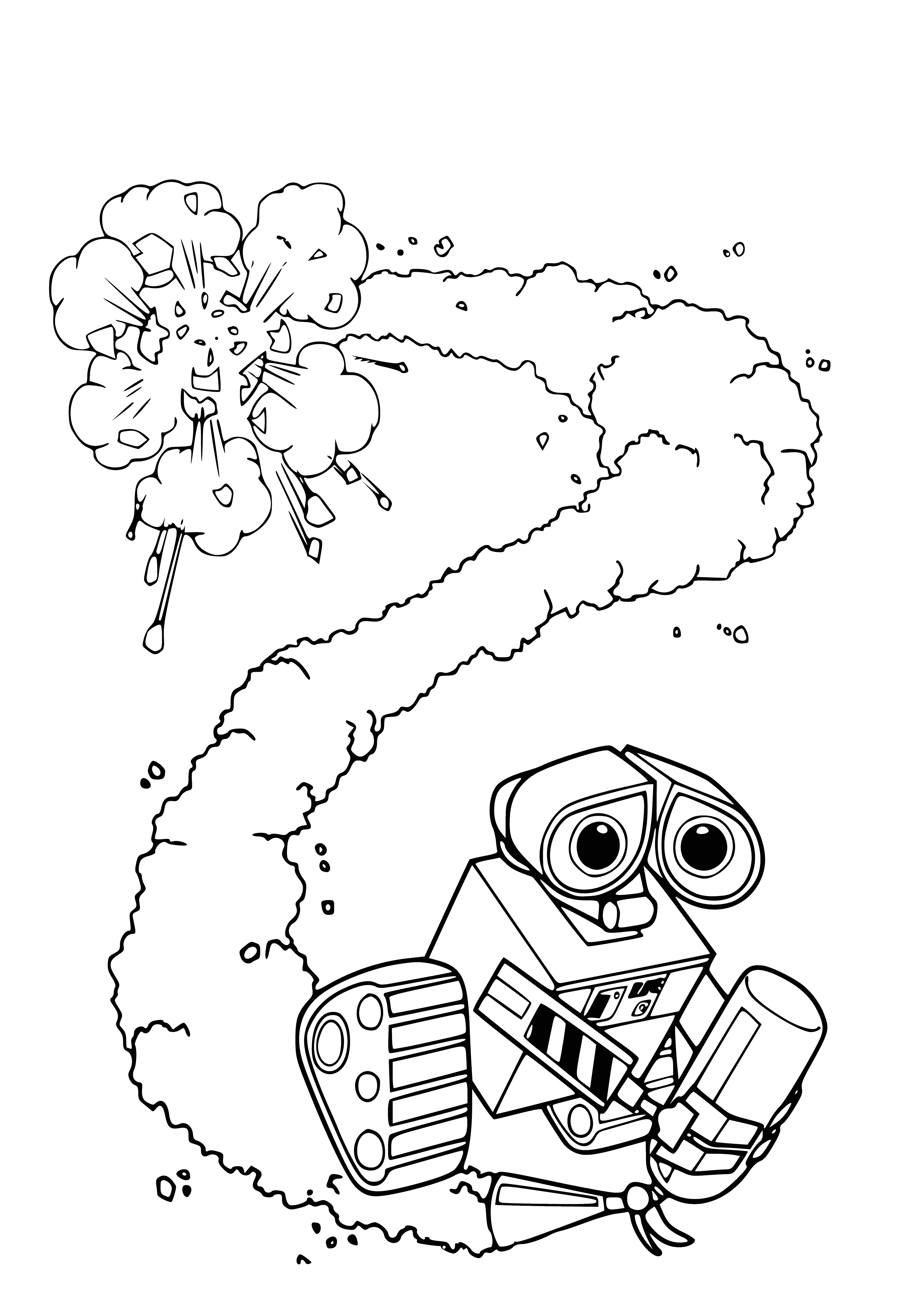 coloring page: Robot Wall-e stands in a valley, ready to fight fires with a fire extinguisher.