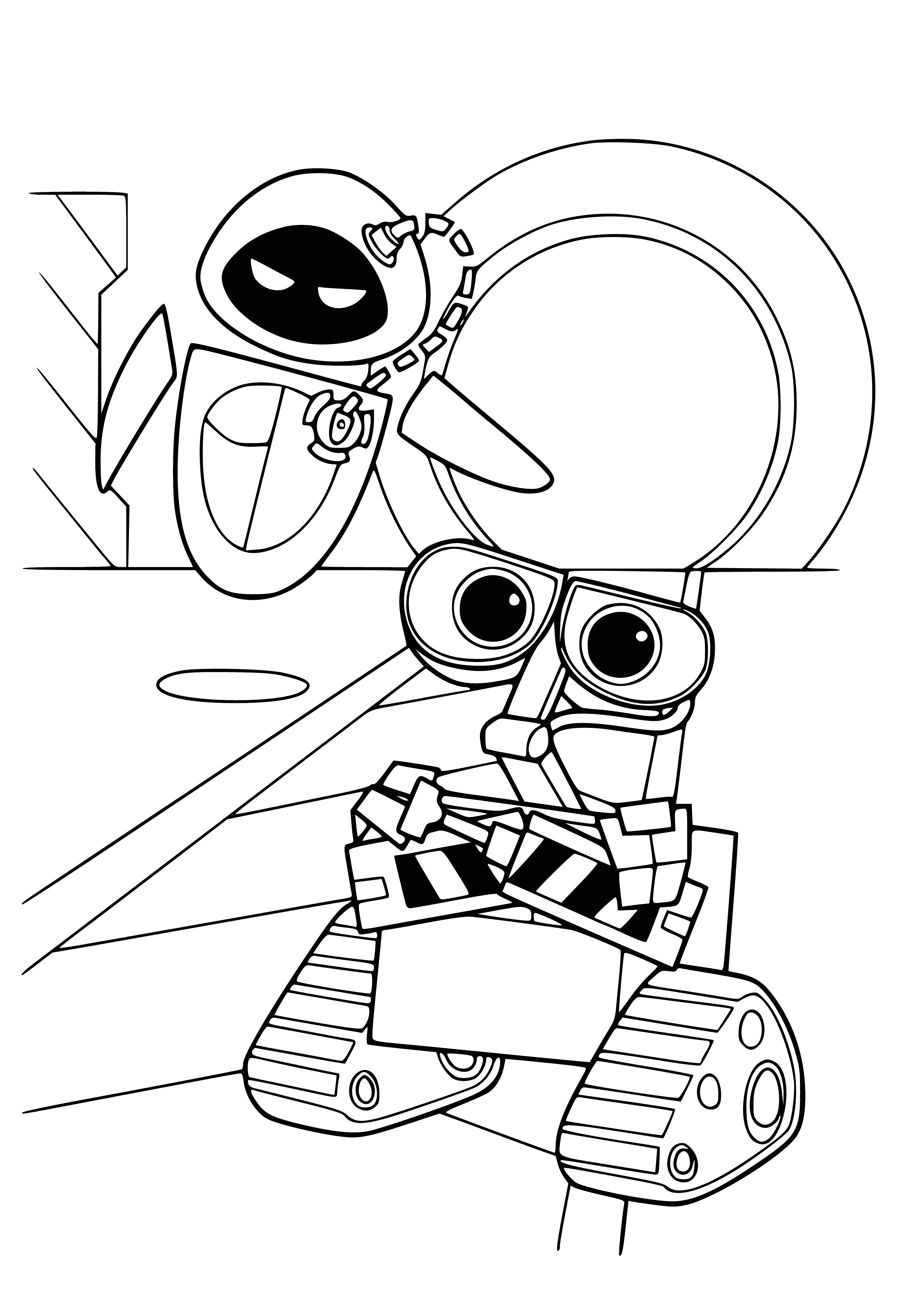 coloring page: Valley & Eve are 2 robots in a garden: Valley is large/round/clawed, Eve small/slender/holding a flower! #robotfriendship