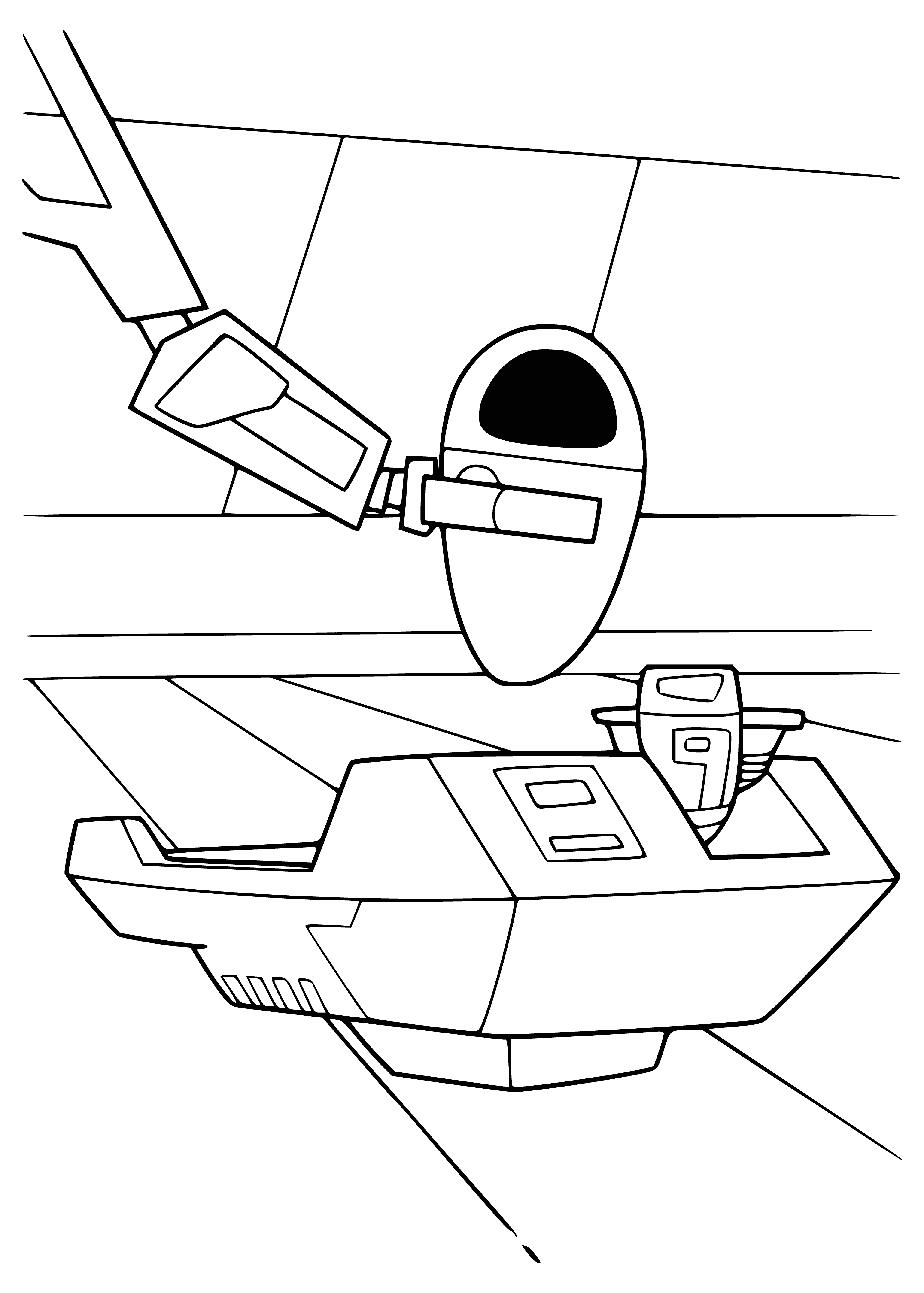 coloring page: Two robots approach each other; one large, one small, both with large eyes and happy faces.