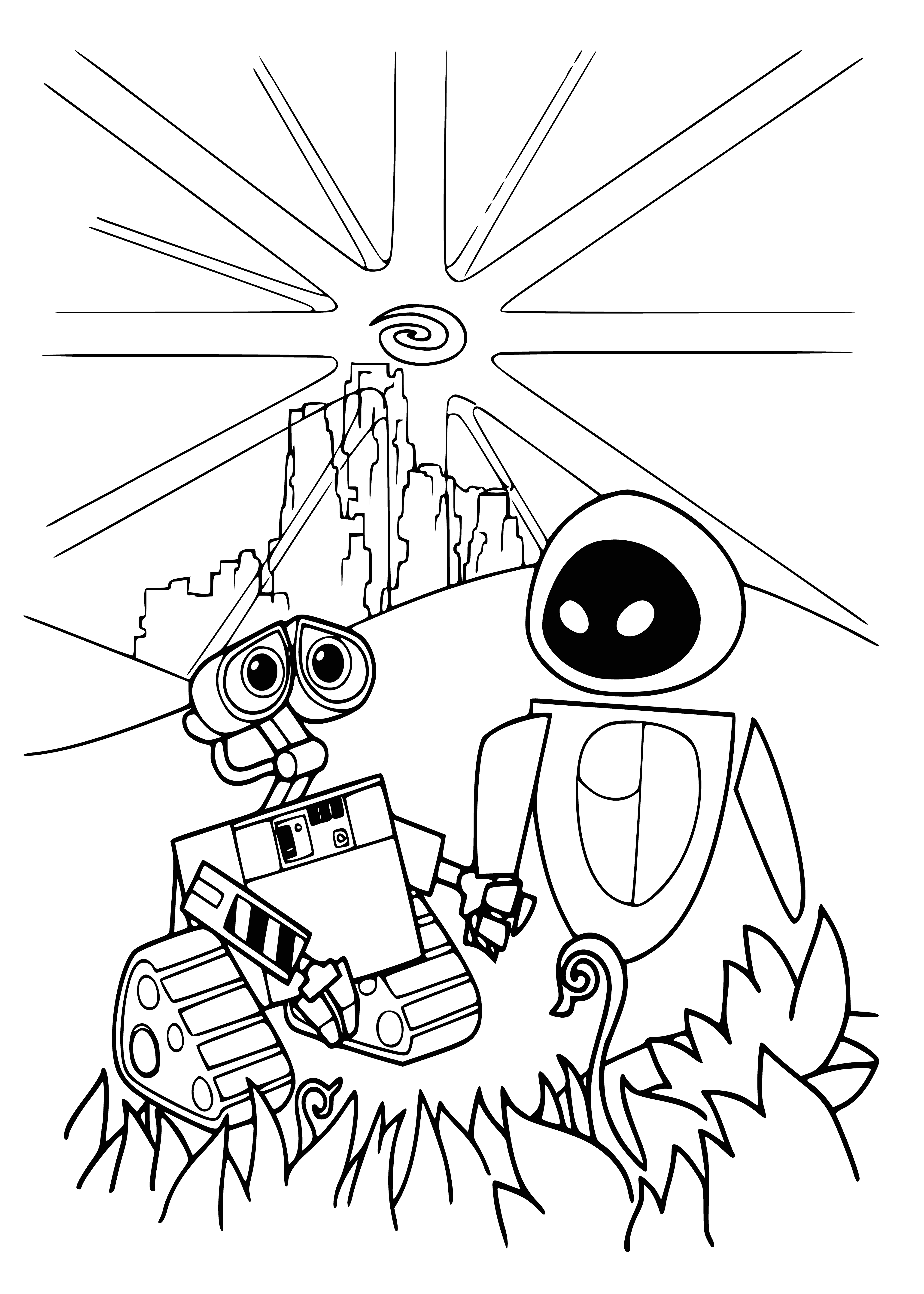 coloring page: Wall-e is a robot designed to clean up the Earth. He has arms, legs, a camera for a head and a hose. On the left side of the page, there are three plants with a lightbulb above them. #Wall-e #plants #robot #cleaning