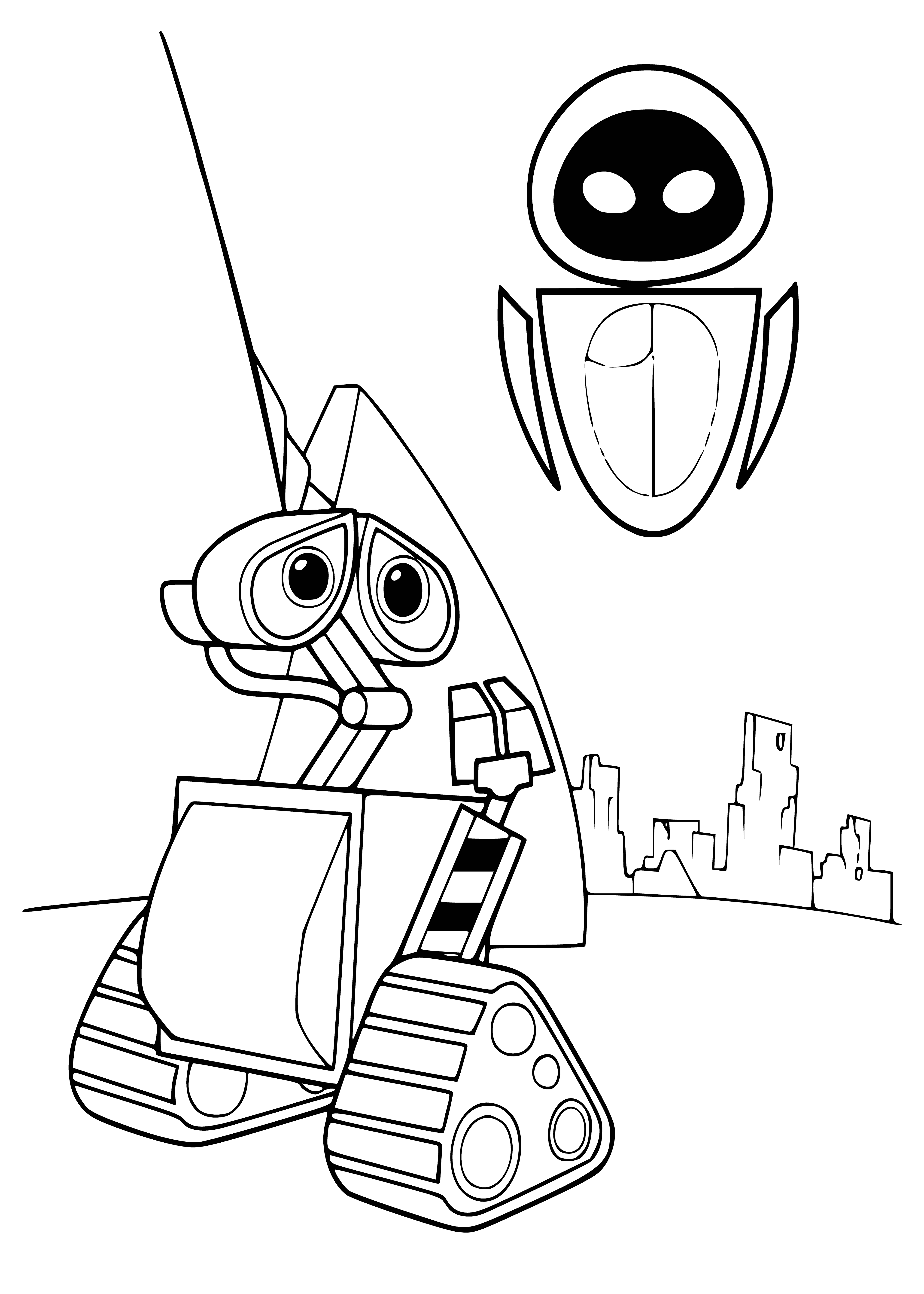 coloring page: Robot stands in front of spaceship w/ blue & white hull in green valley w/ mountains in background.