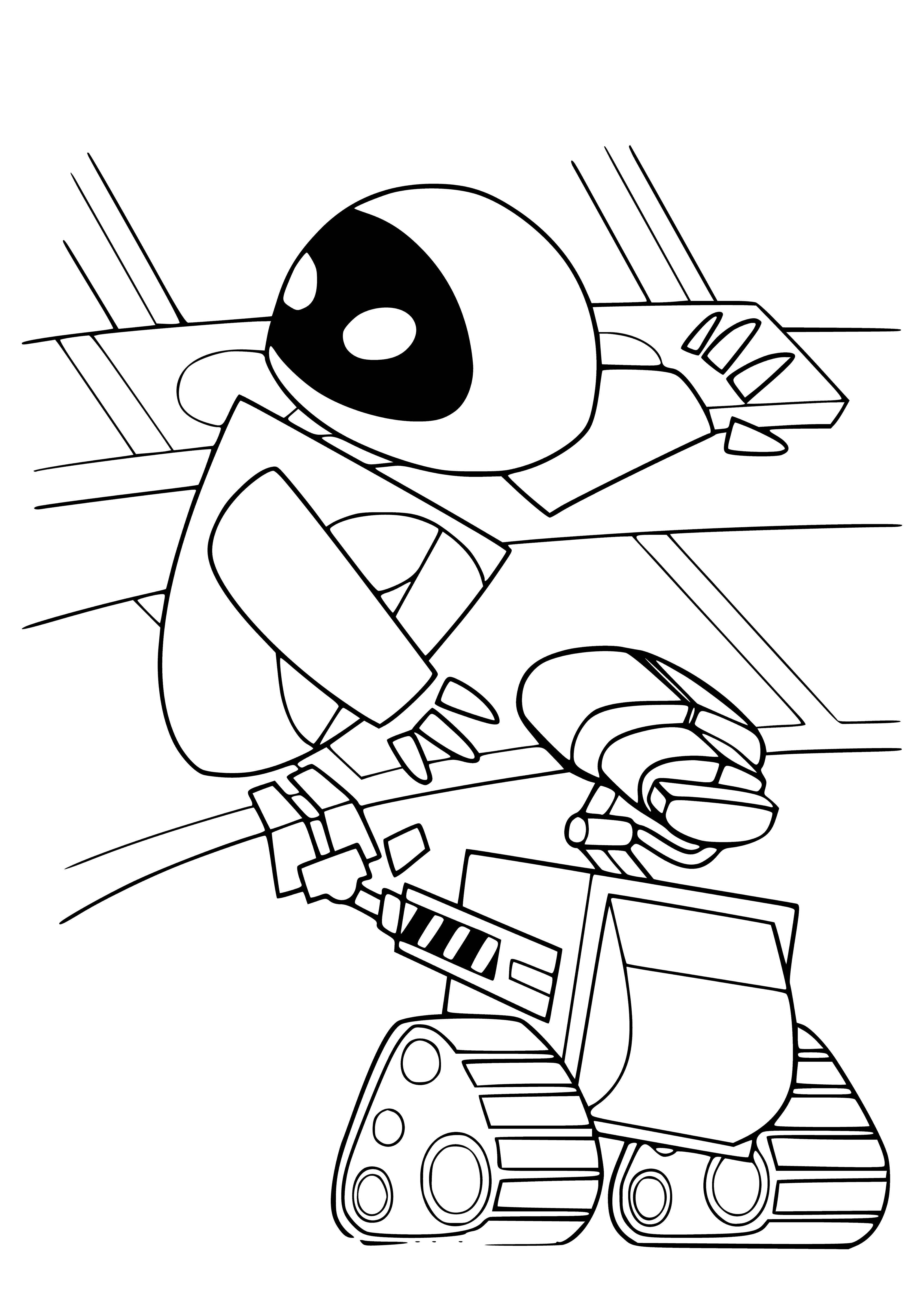 coloring page: Robots with battered bodies and curious expressions face off, one with a red eye and tall frame and the other with big blue eyes and a domed head.