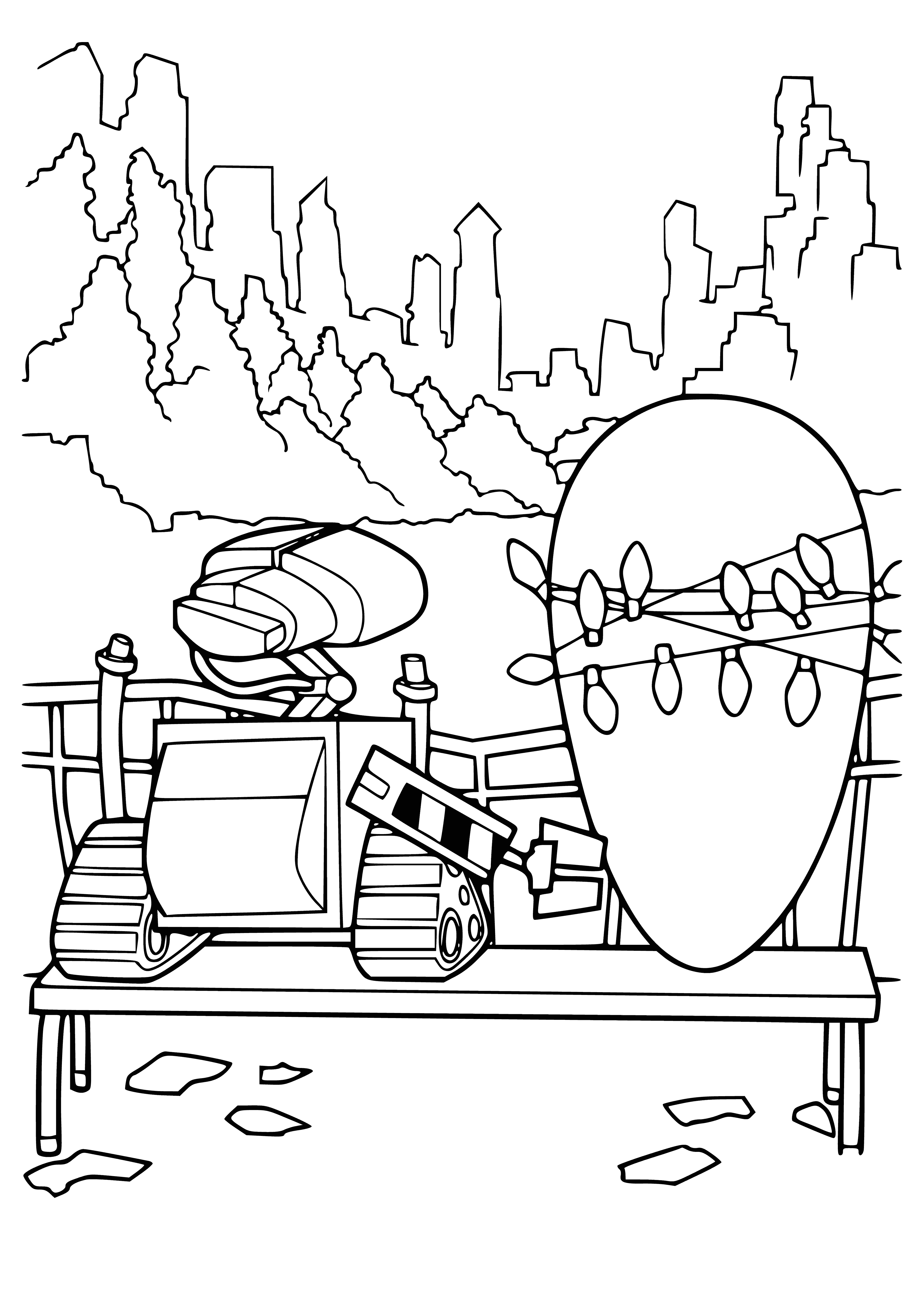 coloring page: Two robots, Wall-E and Eve, stand admiring a beautiful landscape, each with their own expectations.