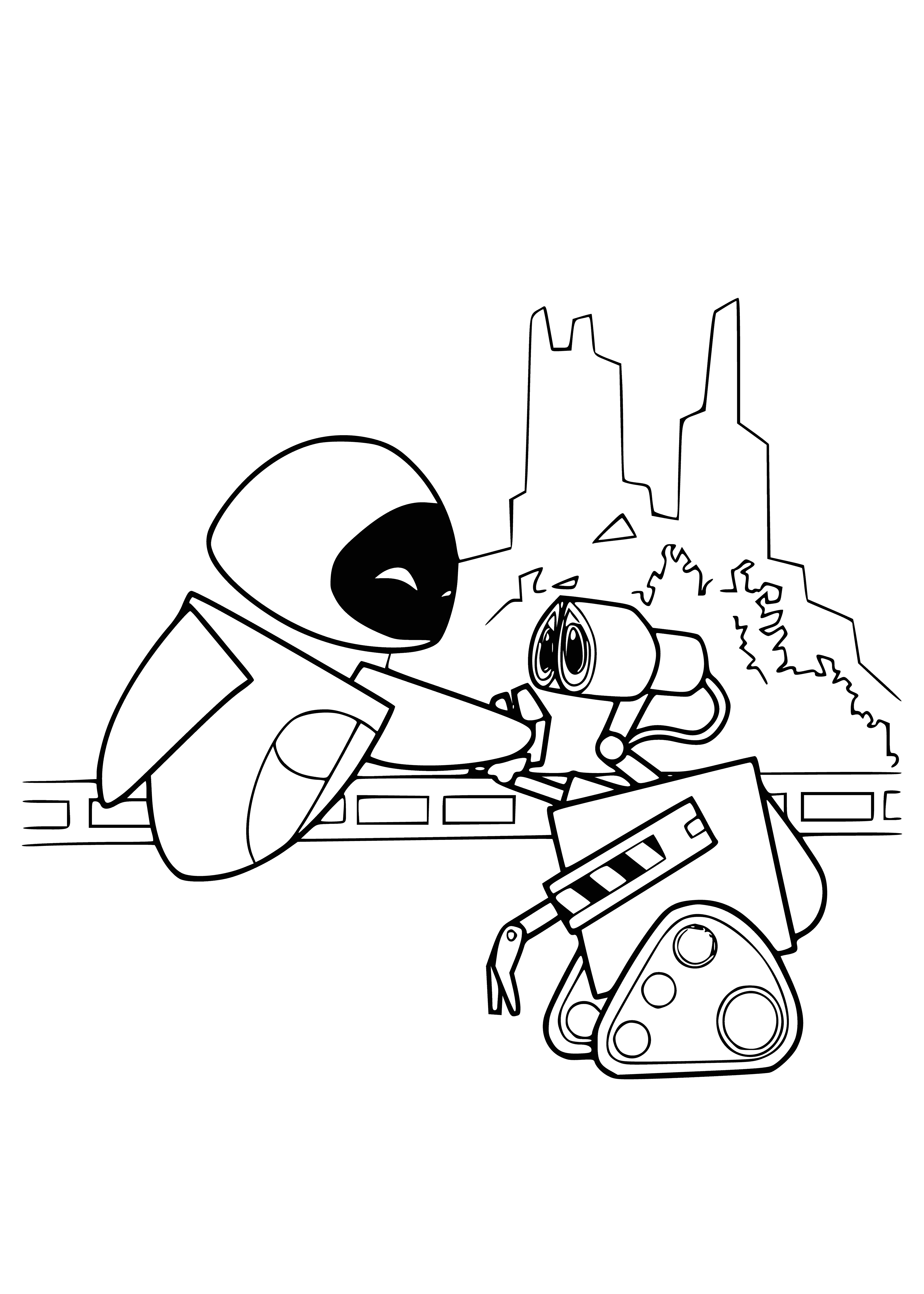 coloring page: Eve and Wall-e lovingly embrace on a lush, livable planet.