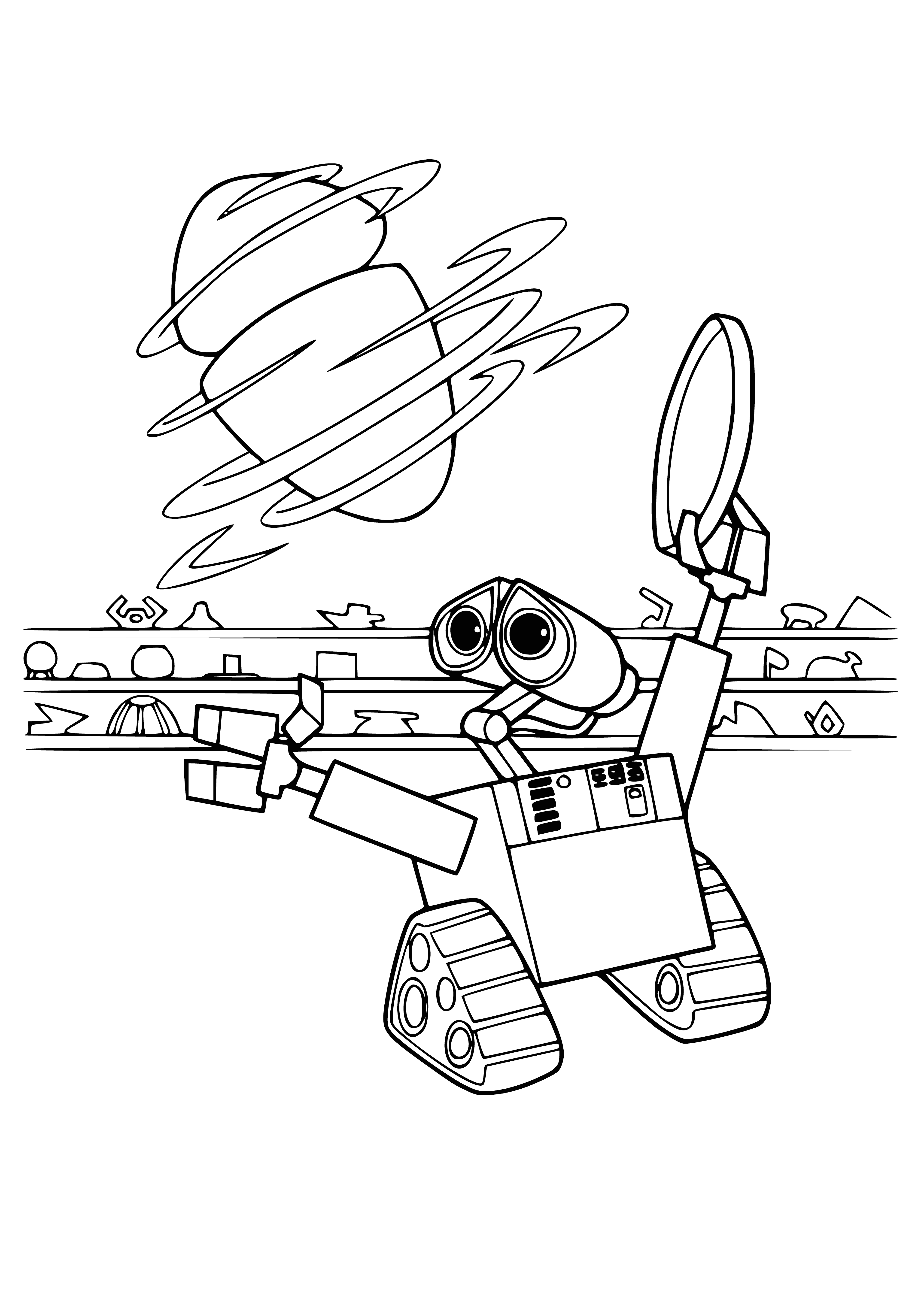 coloring page: Wall-E and Eve explore a lush green valley, surrounded by tall mountains, as Wall-E looks up at the glowing Eve. #Pixar #WallE #Robots