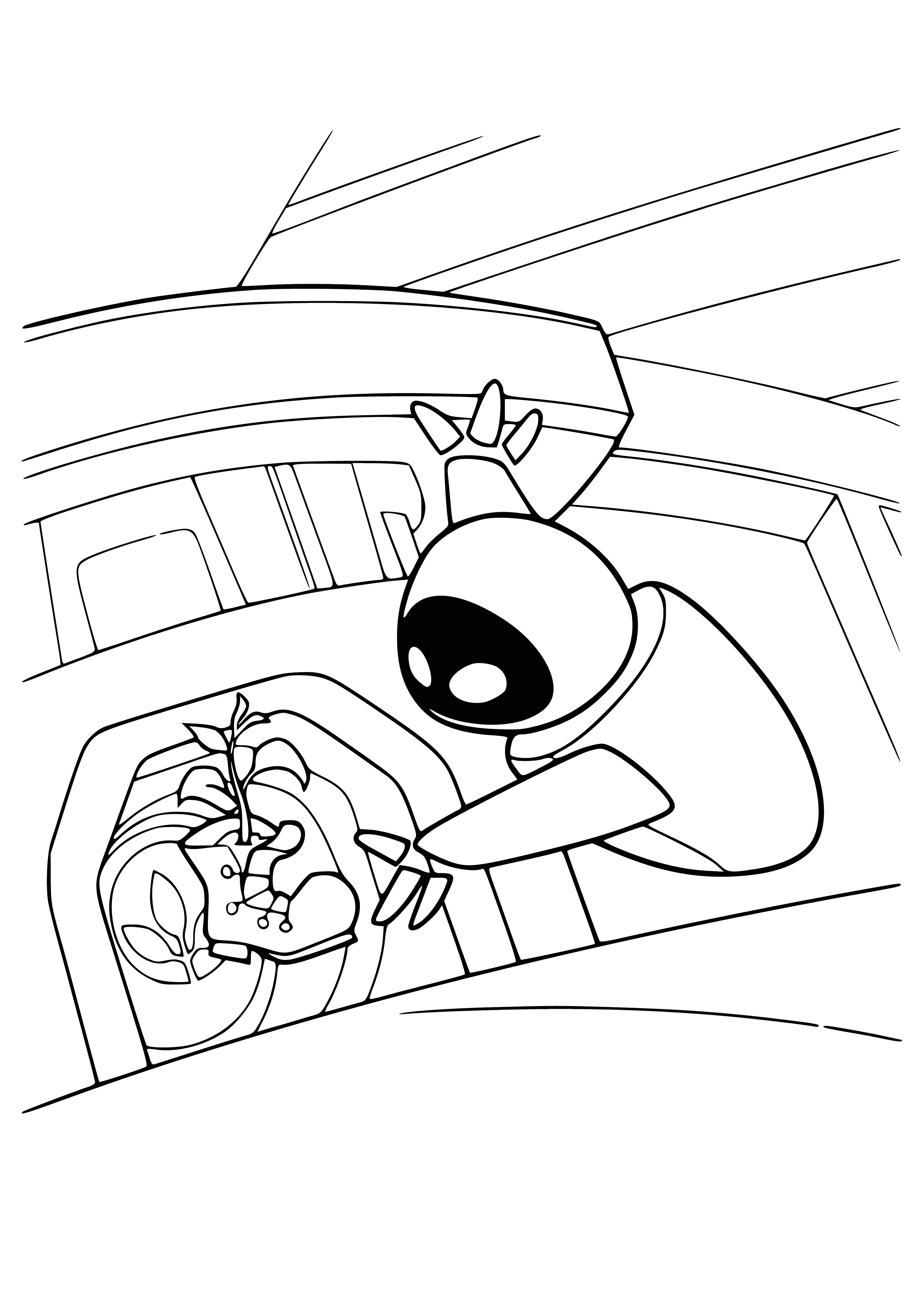 coloring page: Robot Eve holds a green plant, with a stem and leaves.