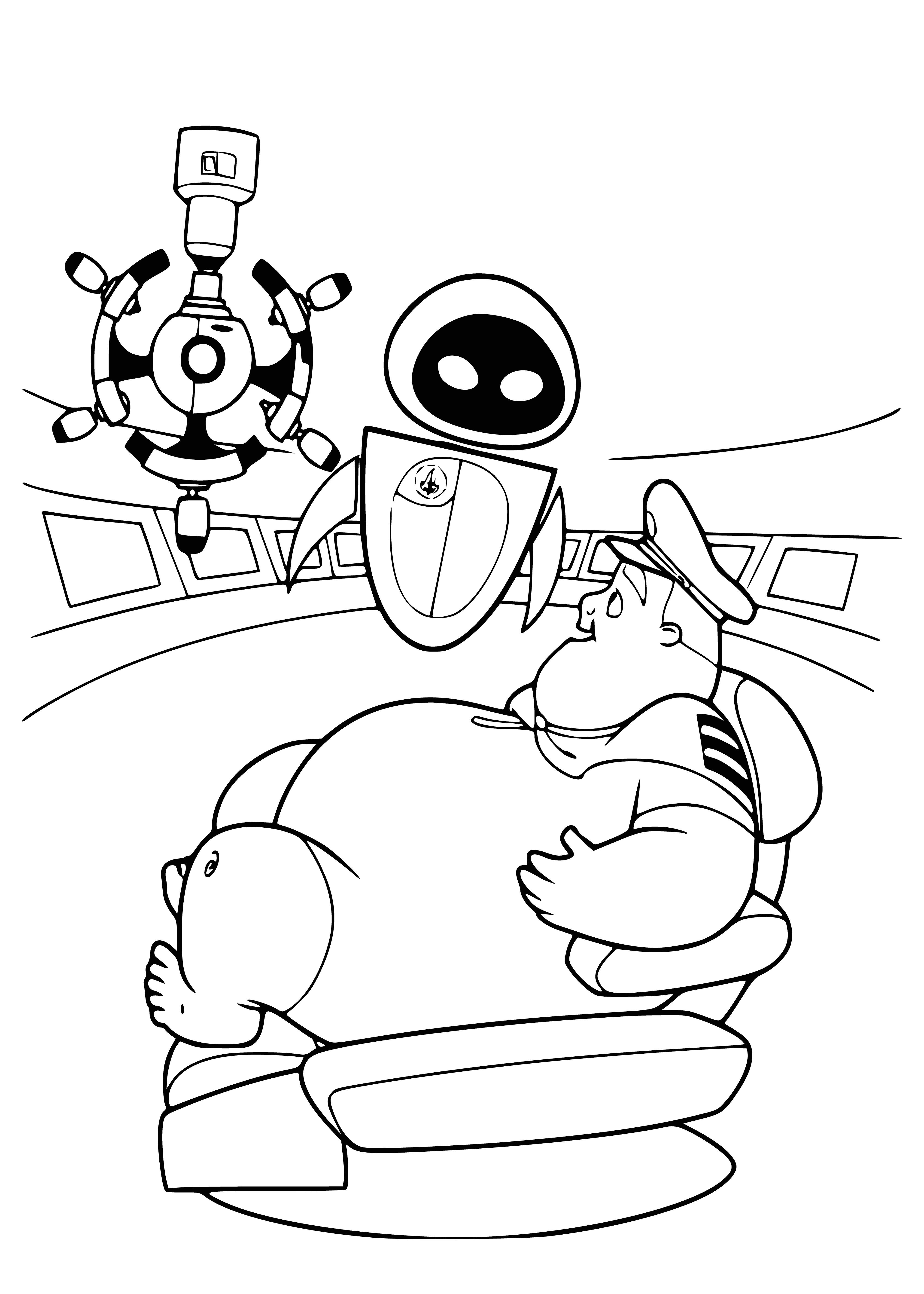 coloring page: Wall-e and Eva in love, holding hands; Captain smiling nearby. #Lovestory