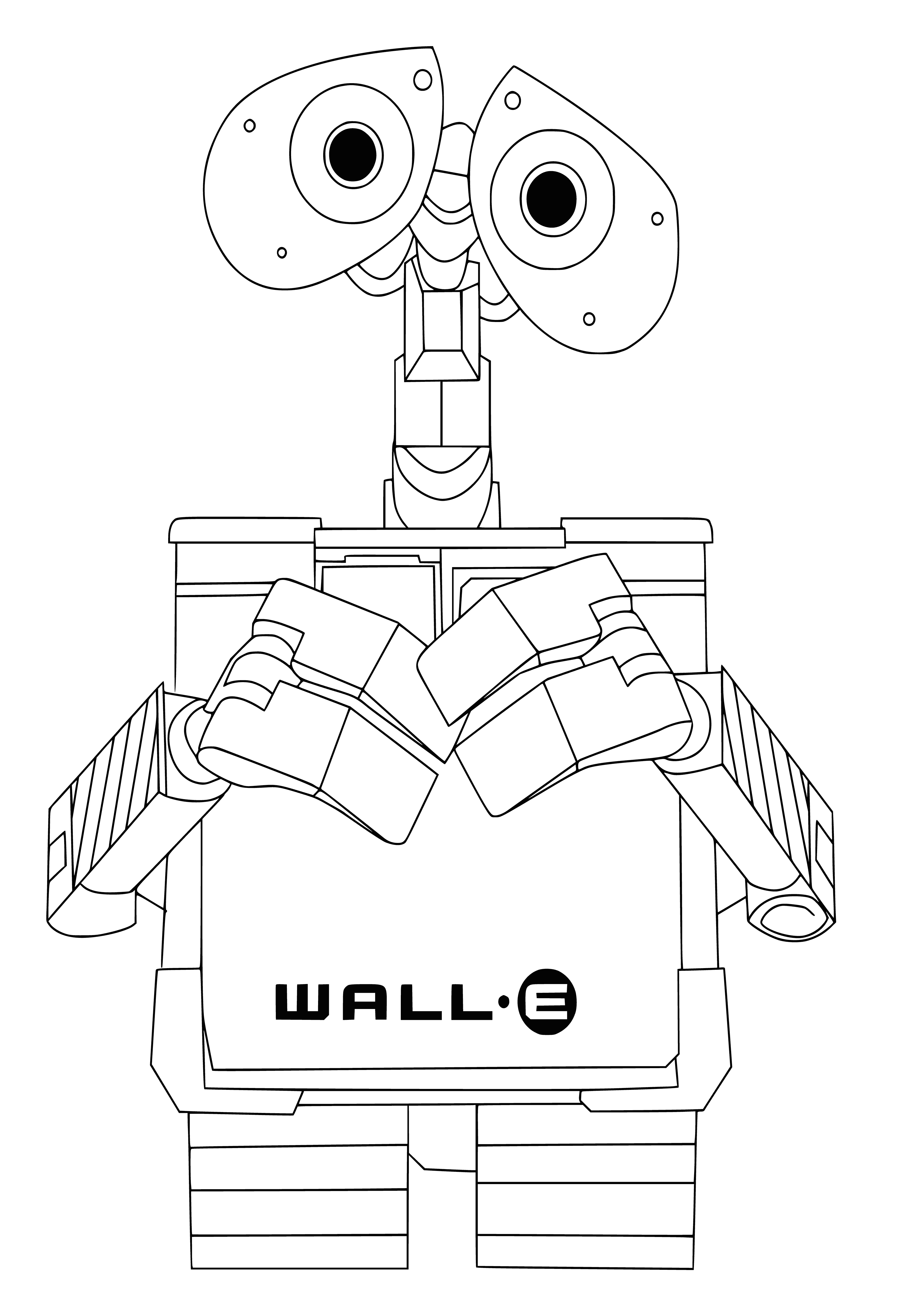 coloring page: Robot stands in valley with many trees & plants, in front of large blue sky. Arms thin, hands small, has 2 large eyes & small mouth.