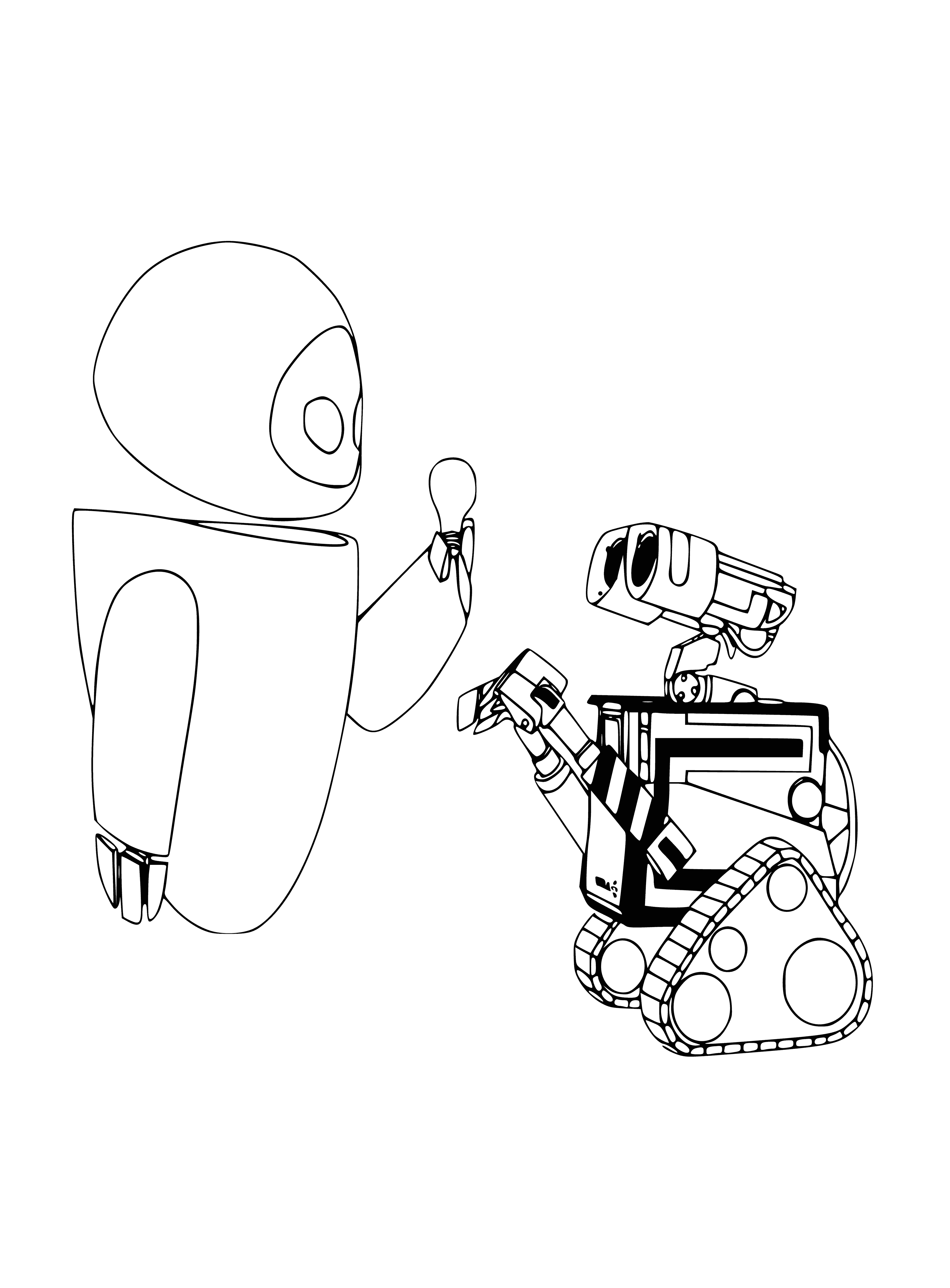coloring page: Two robots with big eyes meet, blue-eyed one looks up happily at white-eyed one. They have square heads and outstretched arms.