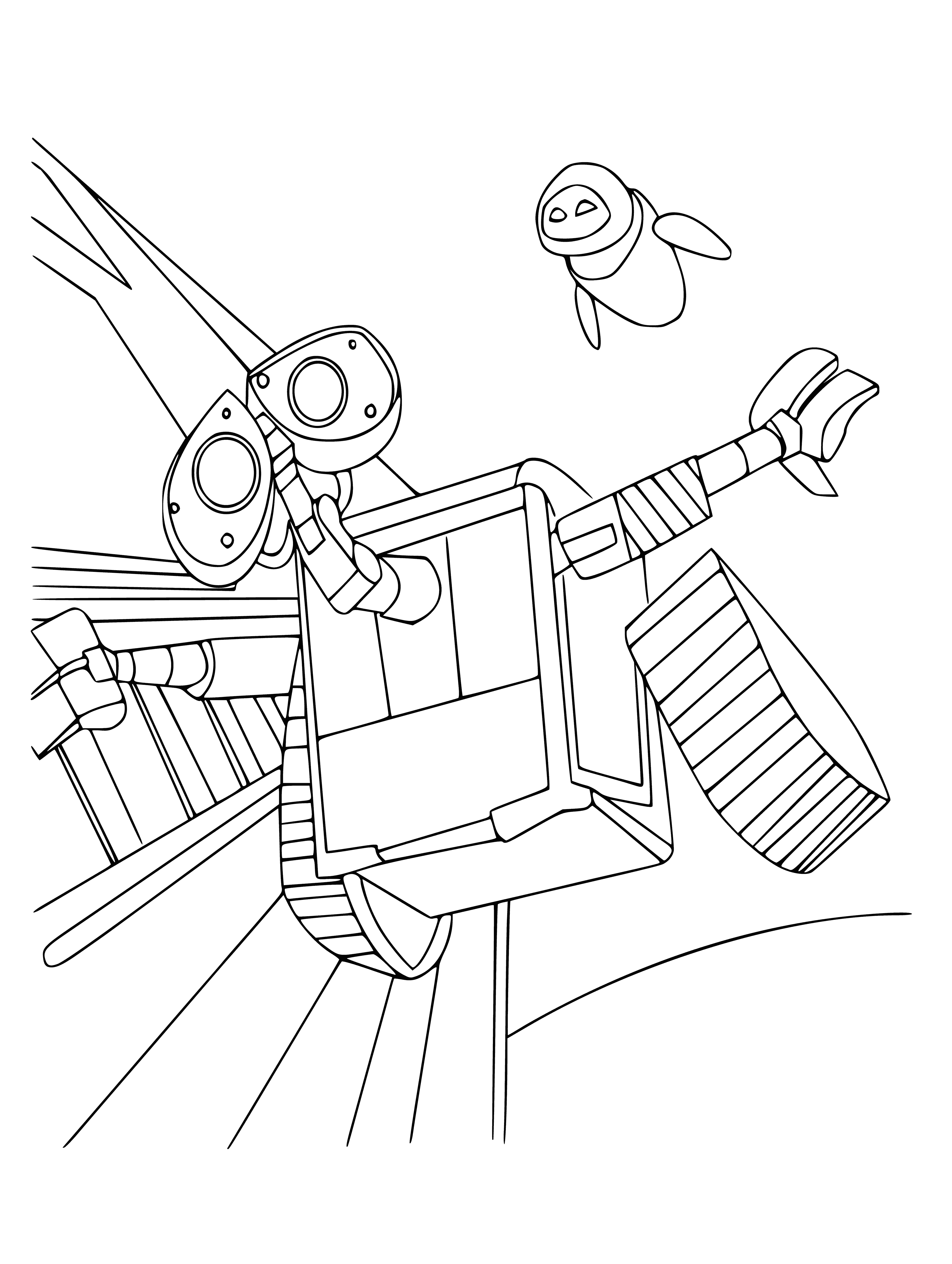 coloring page: A coloring page of Wall-e & Eve in a valley looking at each other, Wall-e with arms up & Eve arms down.