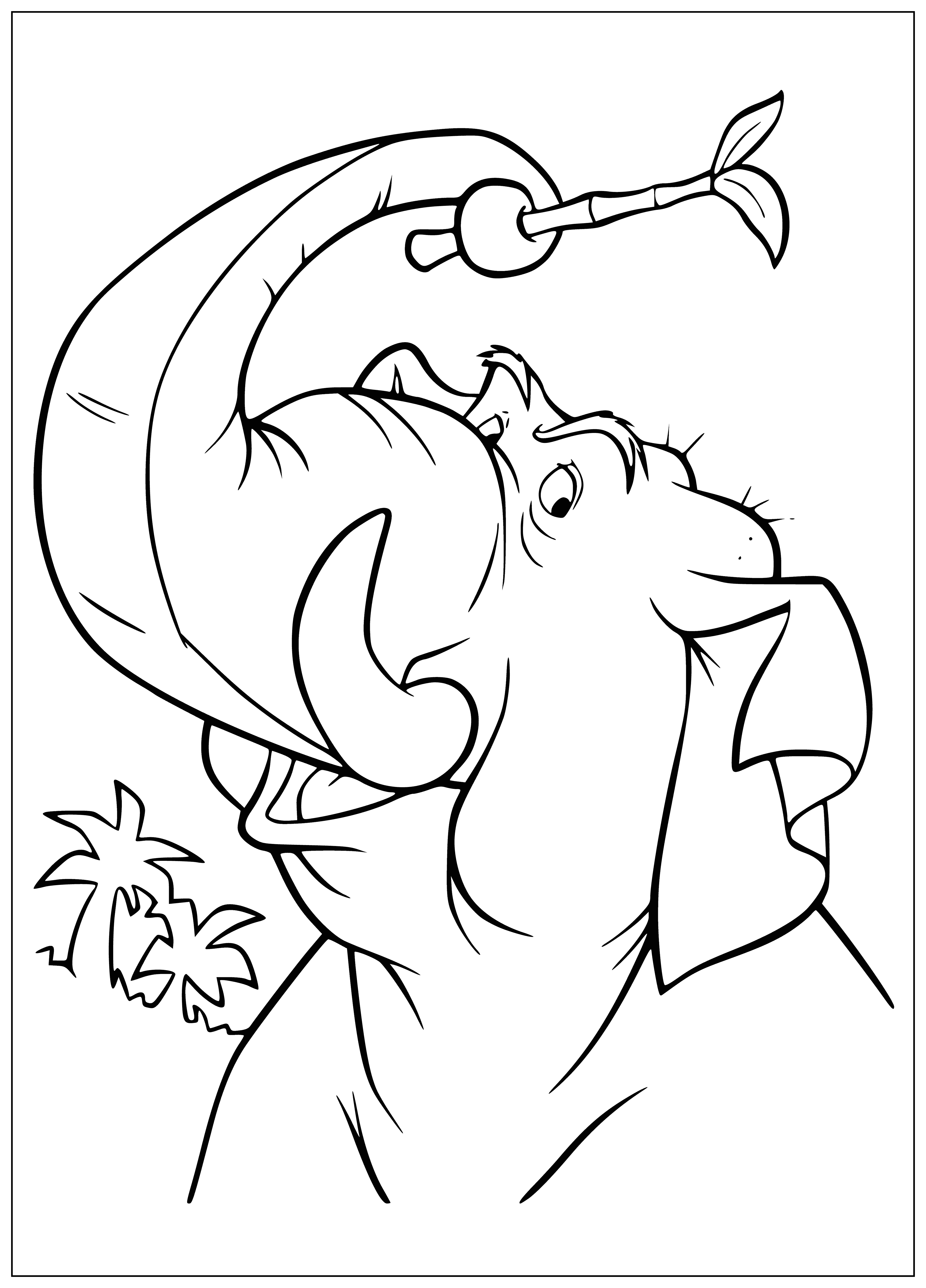 coloring page: Elephant in jungle eats leaves from tree; long trunk, large ears.