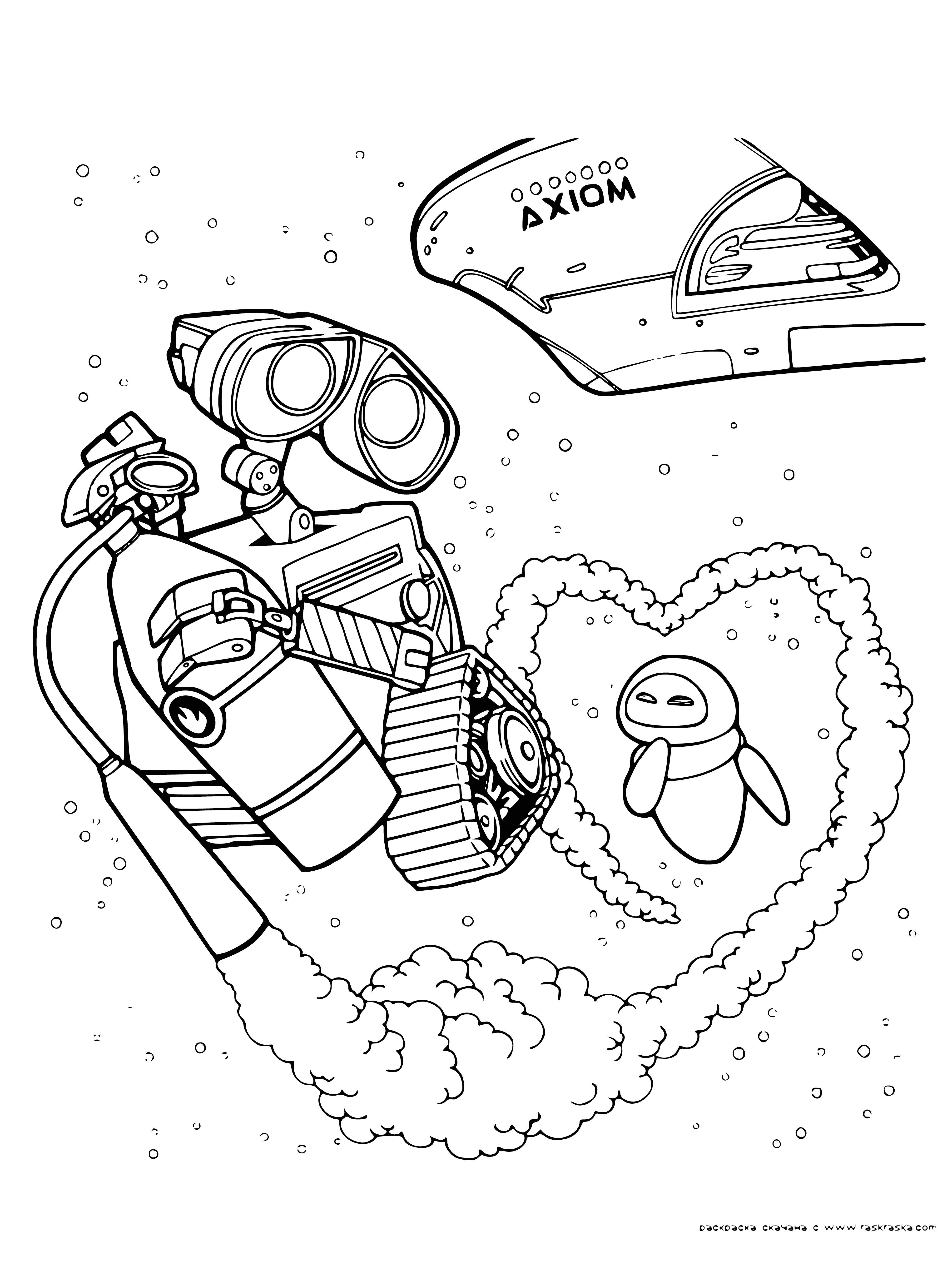 coloring page: Eve is a white robot w/ glossy finish & round eyes, while Wall-e is a rusty robot w/ boxy body & large, round eyes. They're standing in front of a green valley & blue sky. #Robotics