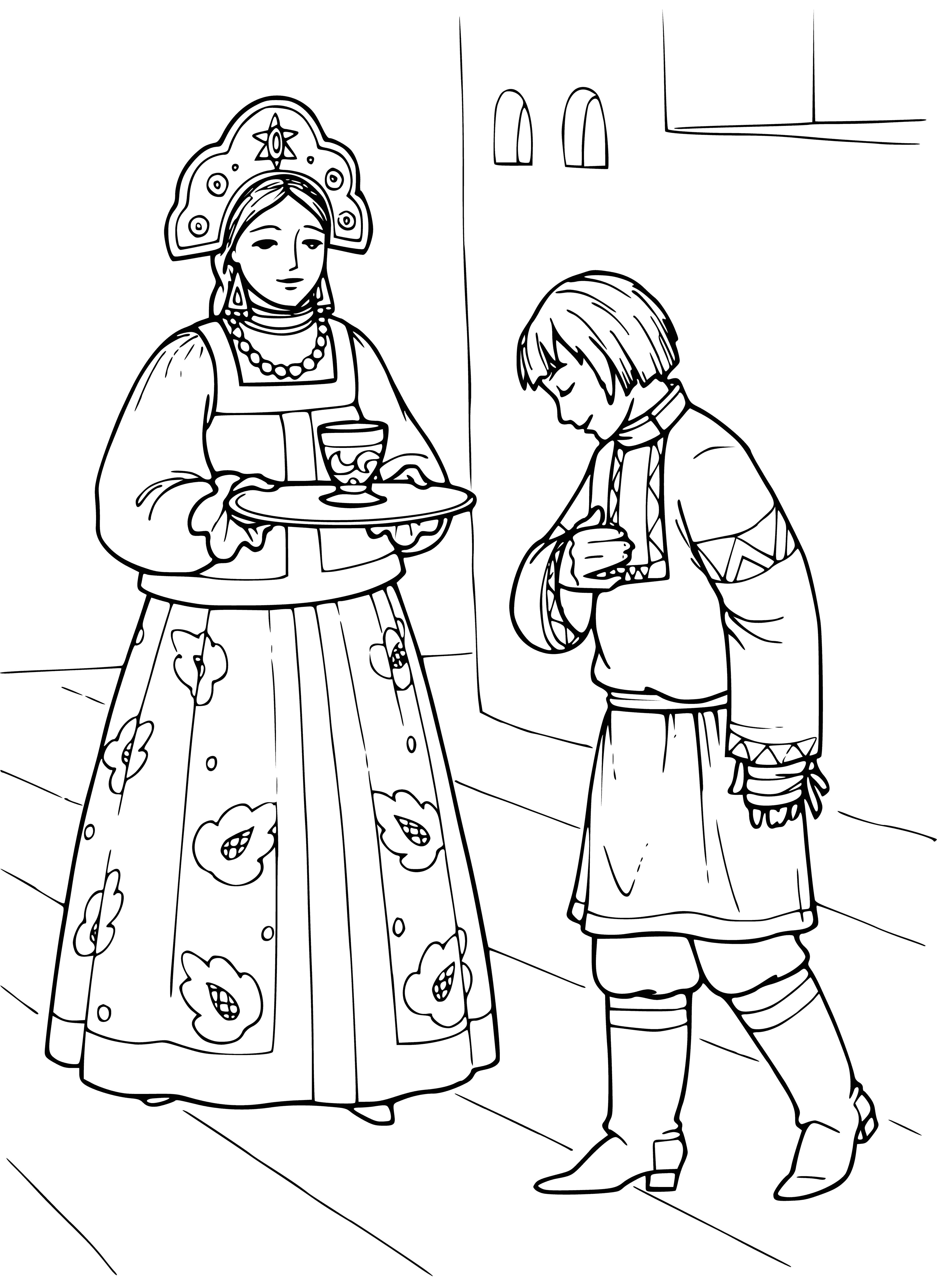 coloring page: Tsar Maiden loves a small, humpbacked horse with a castle in the background. #fairytale