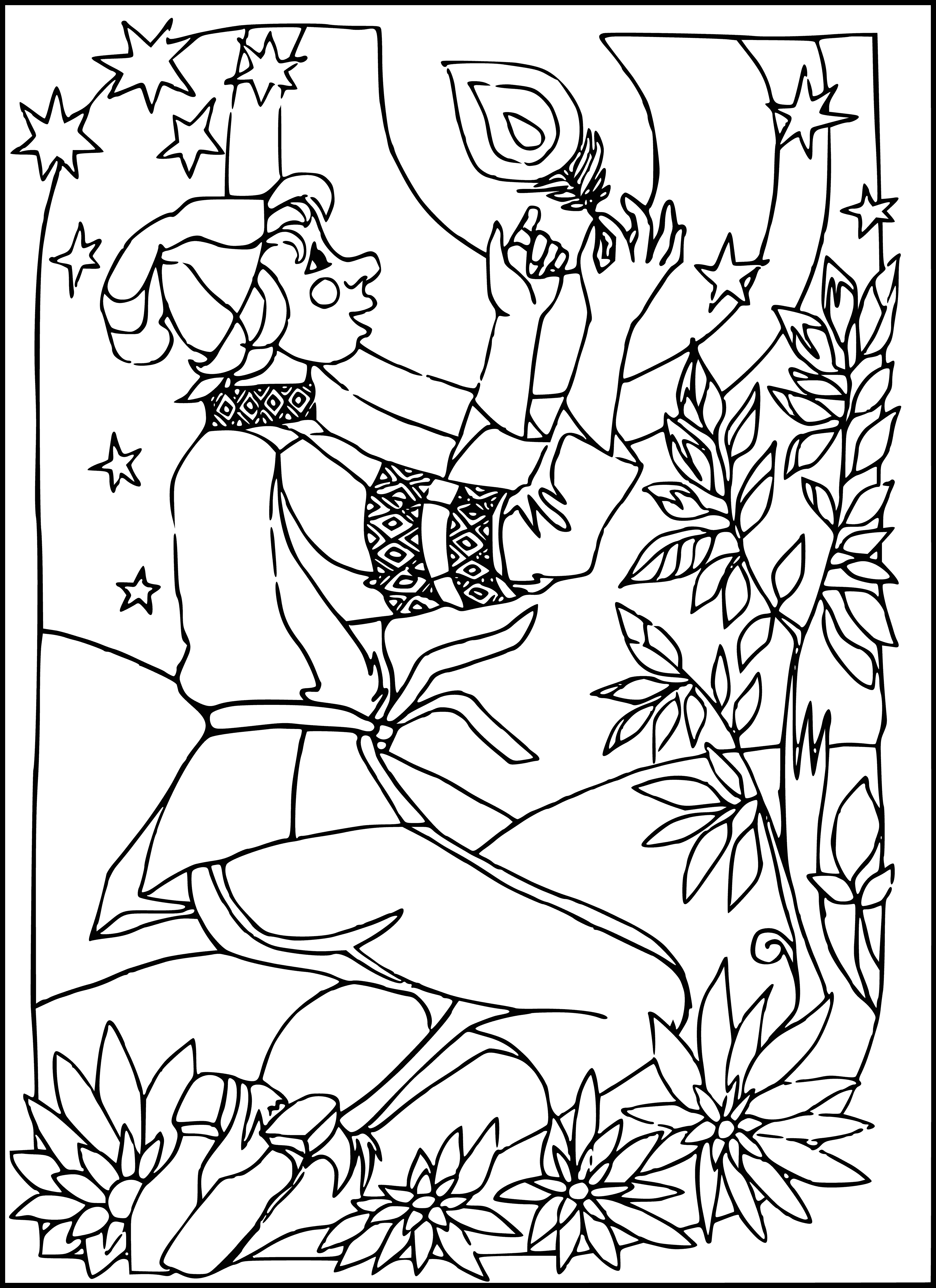 coloring page: A small horse with a hump happily eats grass in a meadow filled with flowers and trees.