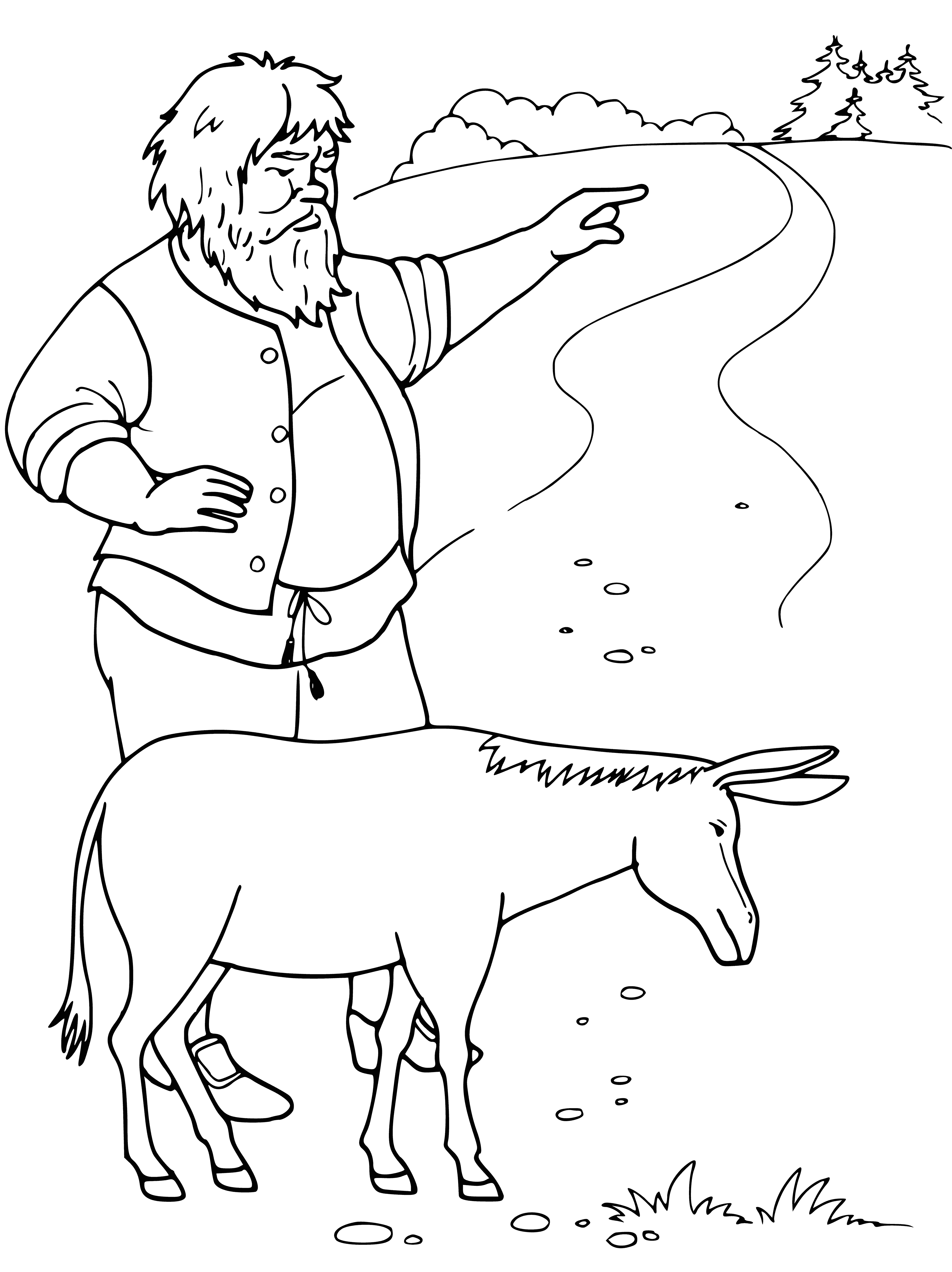 coloring page: Donkey stands on dirt path in front of cottage, braying. Fur patchy, ears long and floppy.