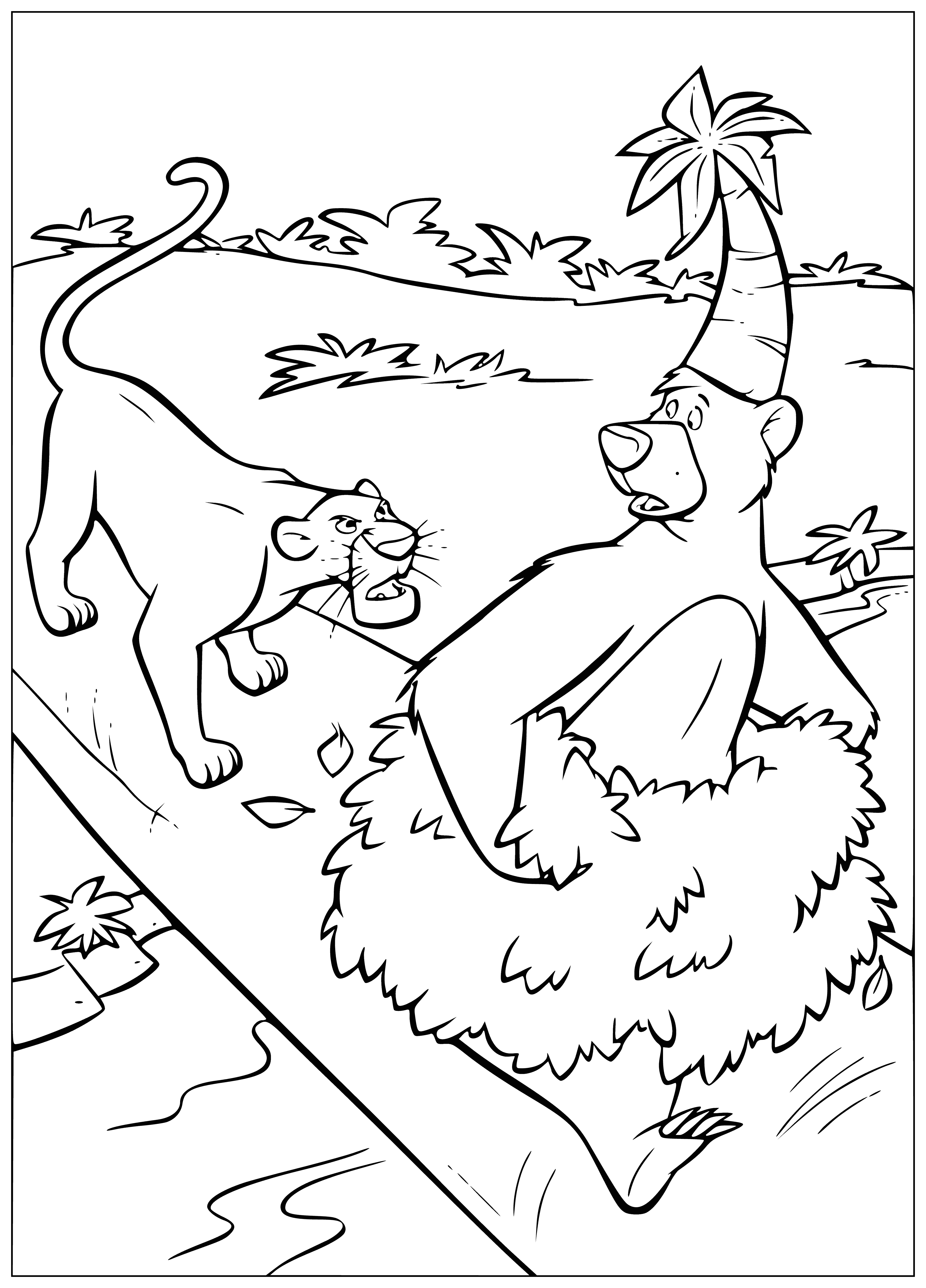 coloring page: Mowgli, a boy with brown skin and black hair in a loincloth, lays in a hammock with a fire and a monkey sitting next to him.