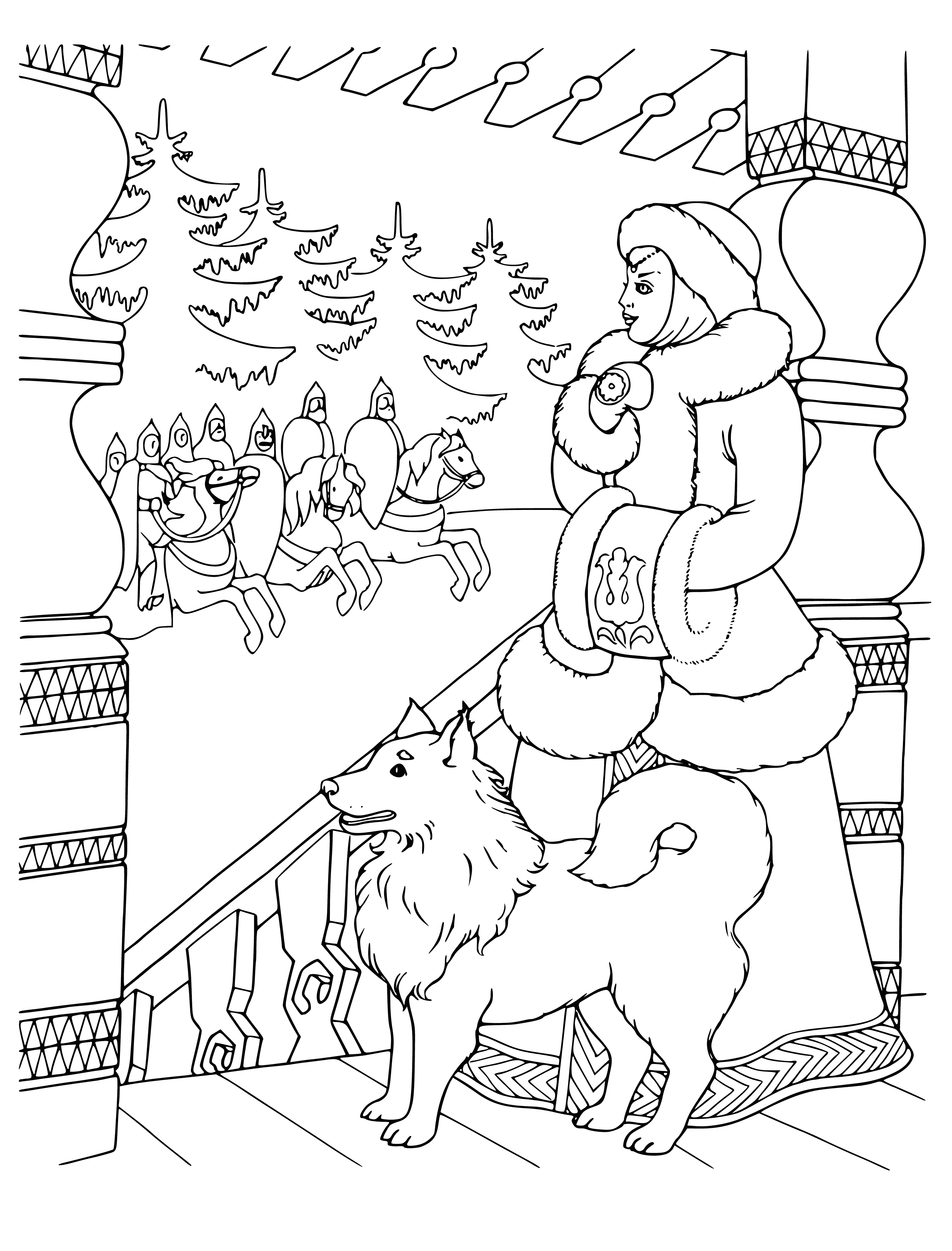 coloring page: Fairytale Princess rescued by 2 heroic brothers in a beautiful countryside. She's grateful and relieved! #russiansfables #coloringpages