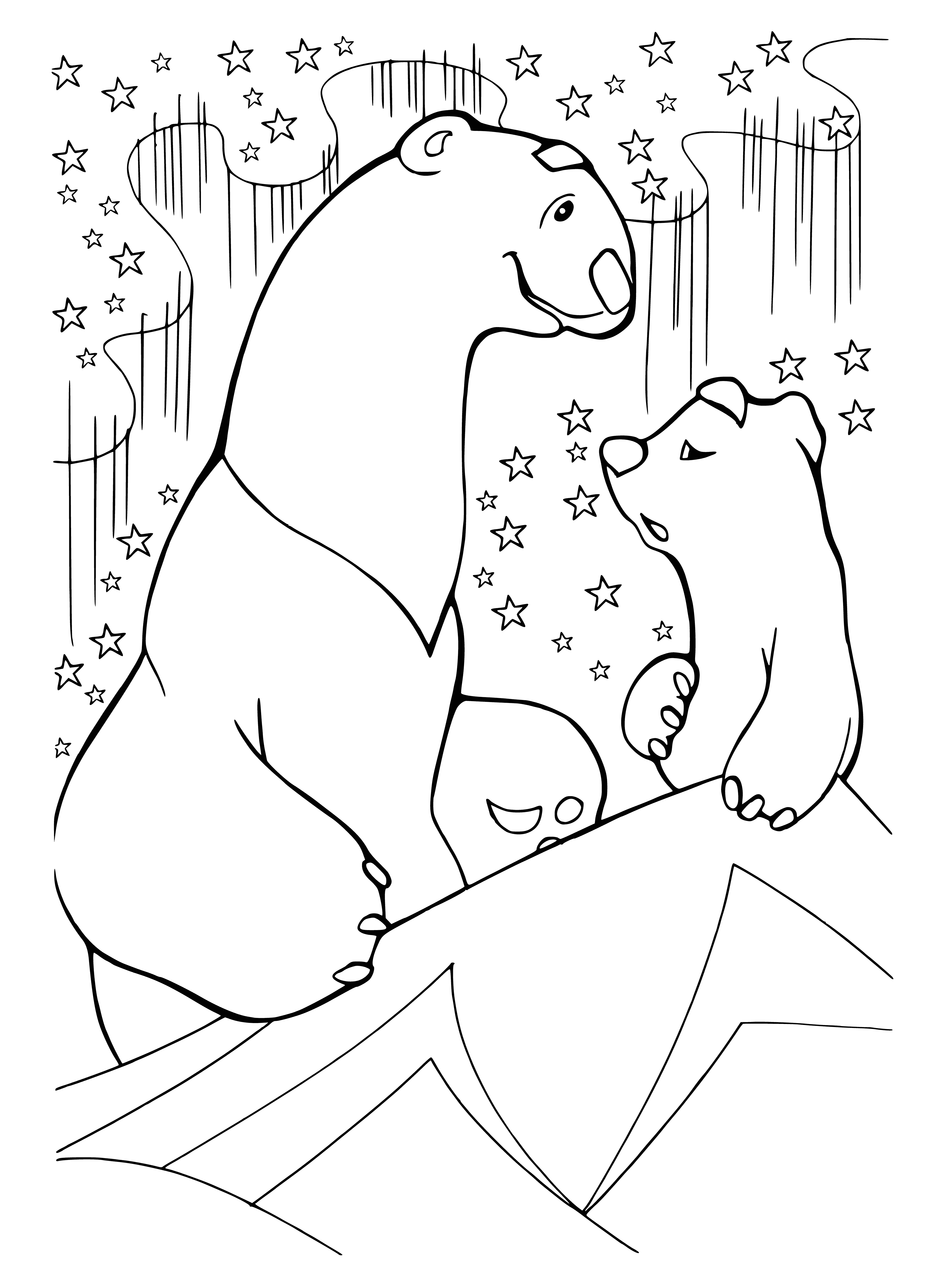 coloring page: Mother bear protects her cub in a loving embrace, radiating happiness and contentment.